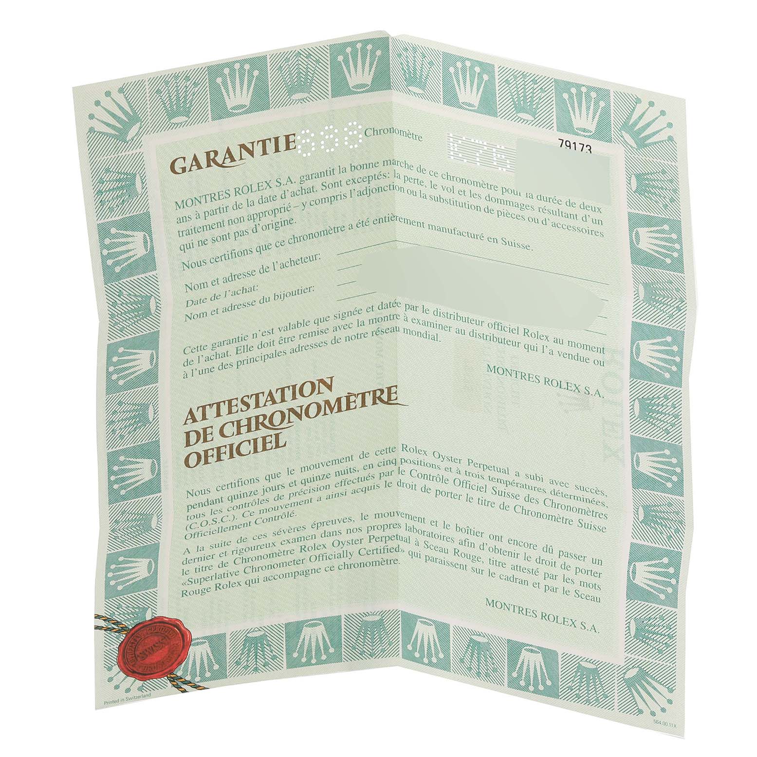 The image shows a Rolex Datejust 79173 Women's Steel and Gold (two tone) White Dial 79173 Women's Steel and Gold (two tone) White Dial model's warranty certificate positioned vertically and open.