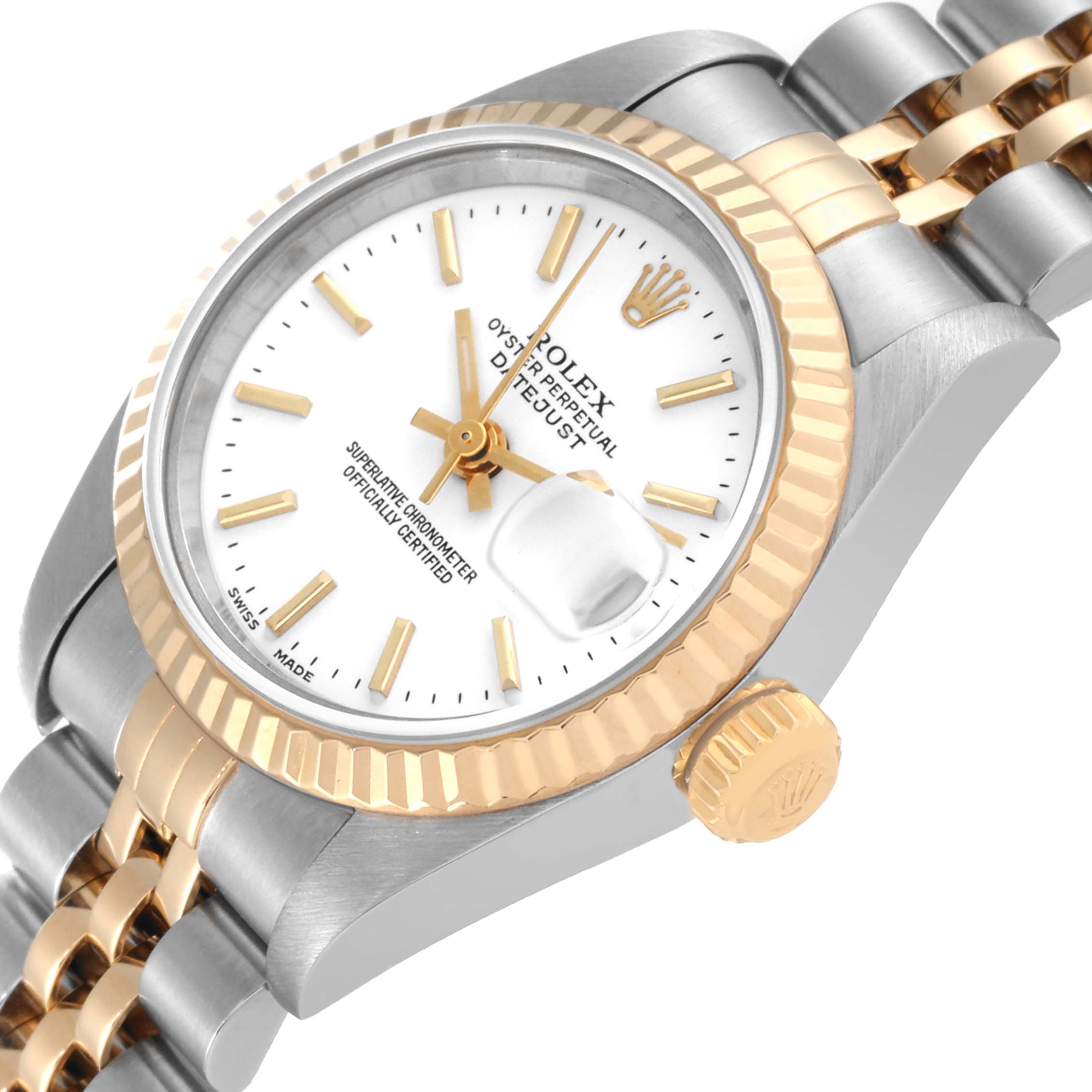 This side-angle view shows the face, crown, bezel, and part of the bracelet of the Rolex Datejust 79173 Women's Steel and Gold (two tone) White Dial 79173 Women's Steel and Gold (two tone) White Dial watch.