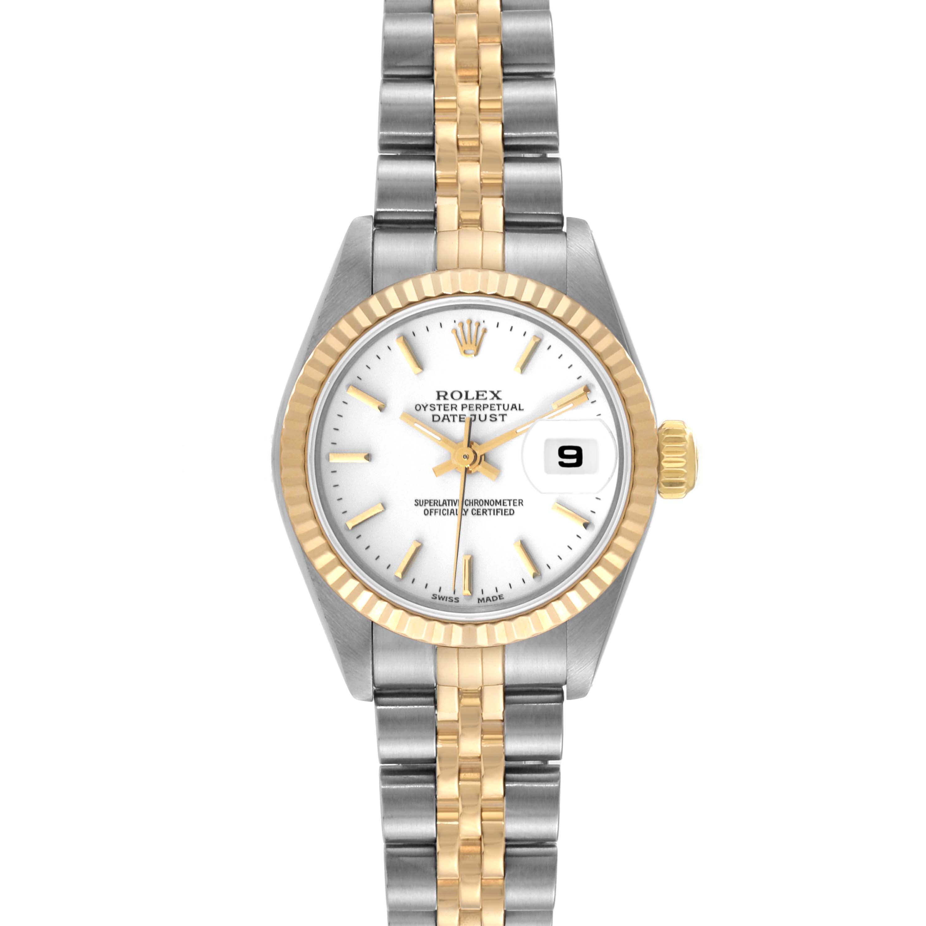 The image shows a Rolex Datejust 79173 Women's Steel and Gold (two tone) White Dial 79173 Women's Steel and Gold (two tone) White Dial watch from a front angle, highlighting its face, bezel, crown, and bracelet.