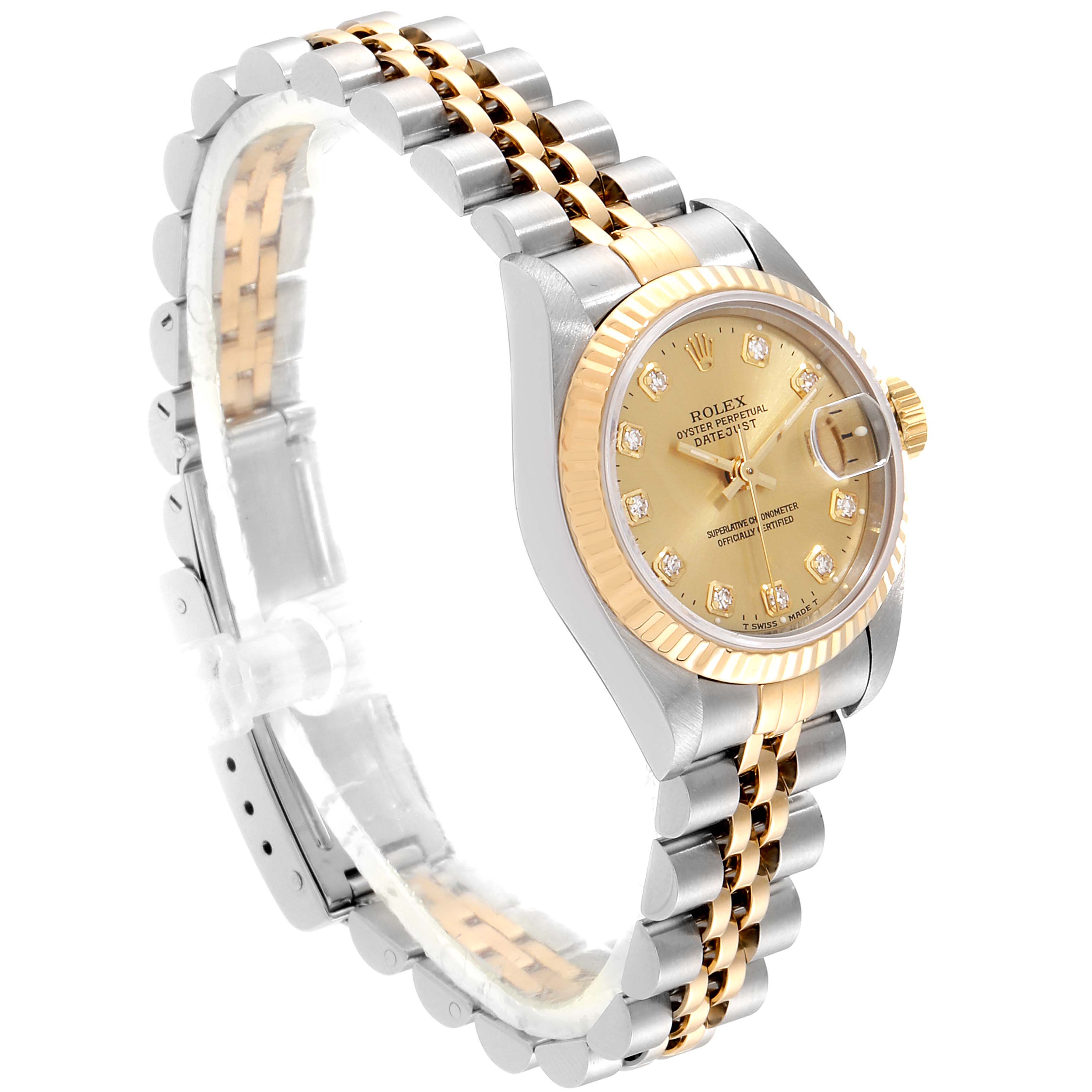 The image shows a Rolex Datejust 69173 Women's Stainless Steel Champagne Dial 69173 Women's Stainless Steel Champagne Dial watch at an angled side view, highlighting its gold dial, fluted bezel, and two-tone bracelet.