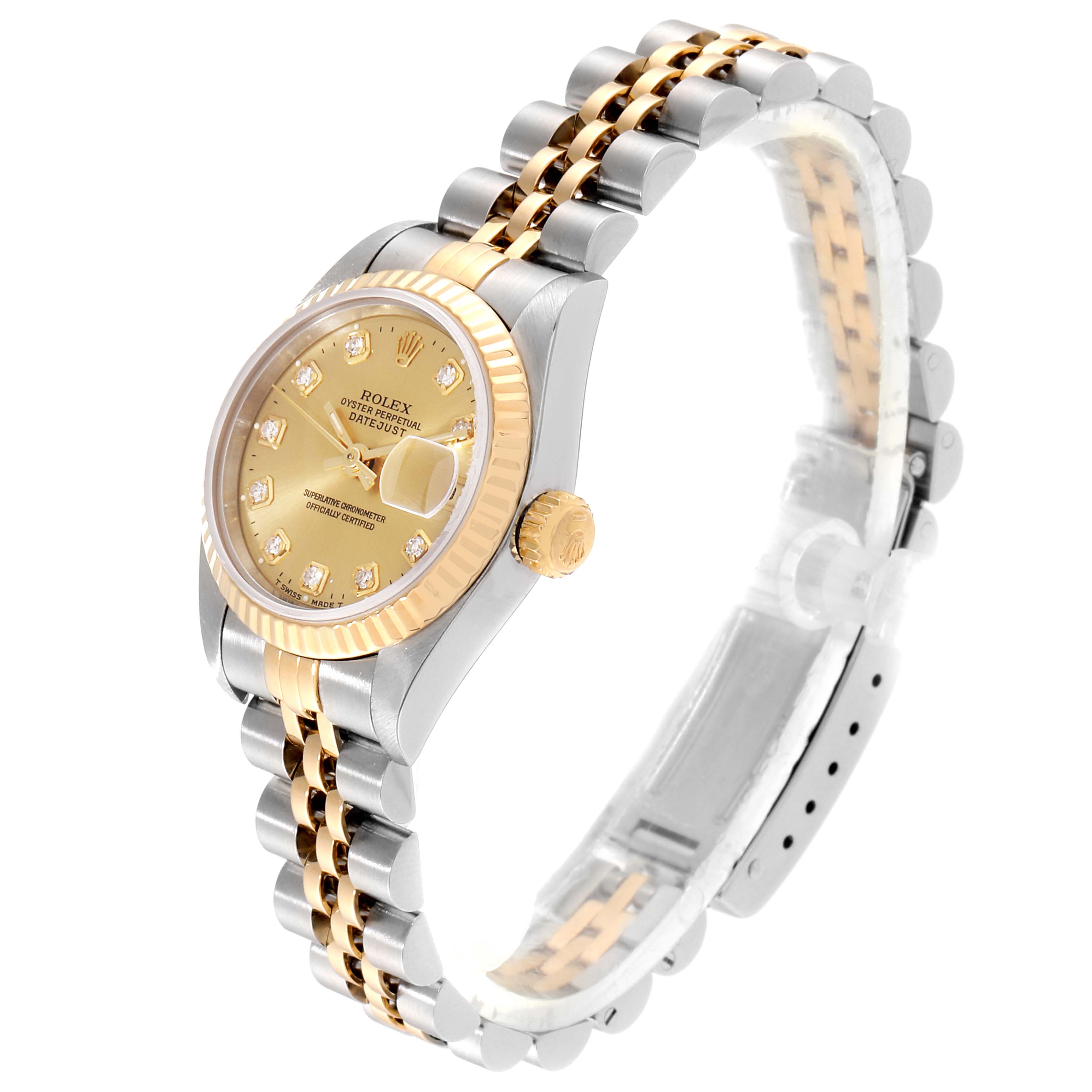 This image displays a side angle of a Rolex Datejust 69173 Women's Stainless Steel Champagne Dial 69173 Women's Stainless Steel Champagne Dial watch showcasing its gold and silver bracelet, crown, and dial.