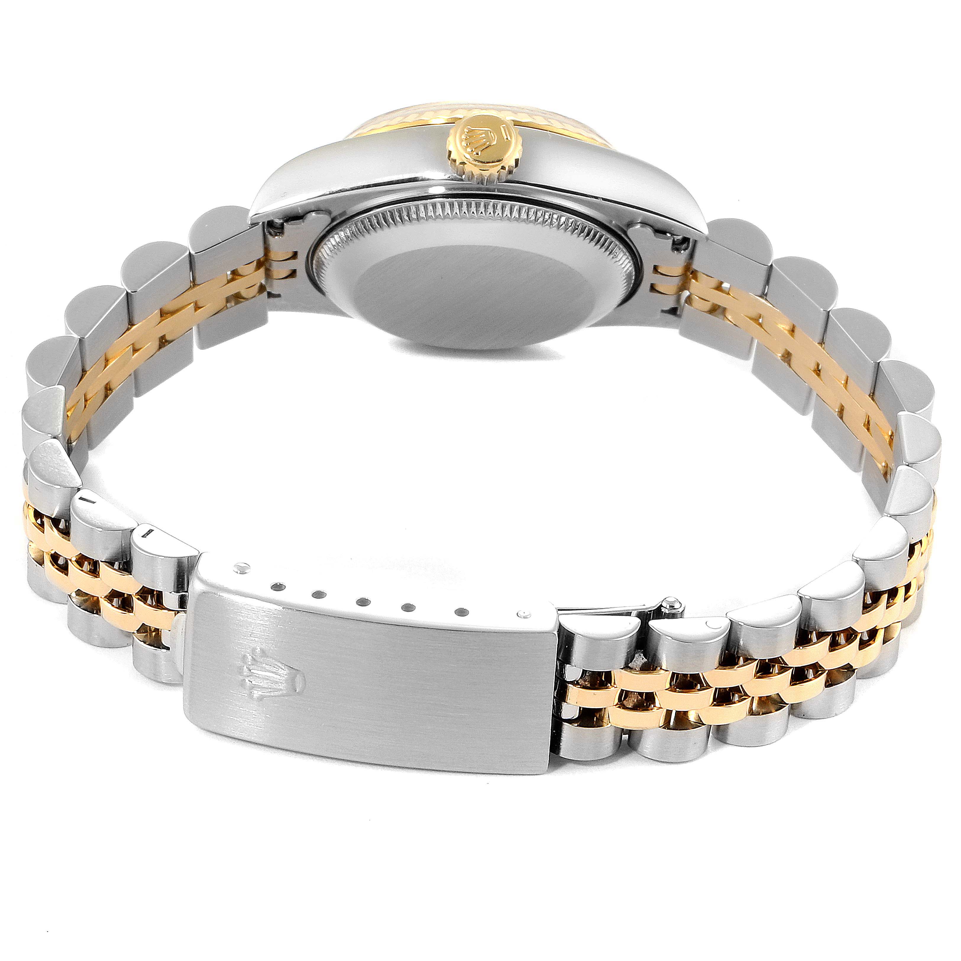This image shows the back view of a Rolex Datejust 69173 Women's Stainless Steel Champagne Dial 69173 Women's Stainless Steel Champagne Dial watch, featuring the bracelet, clasp, and crown.