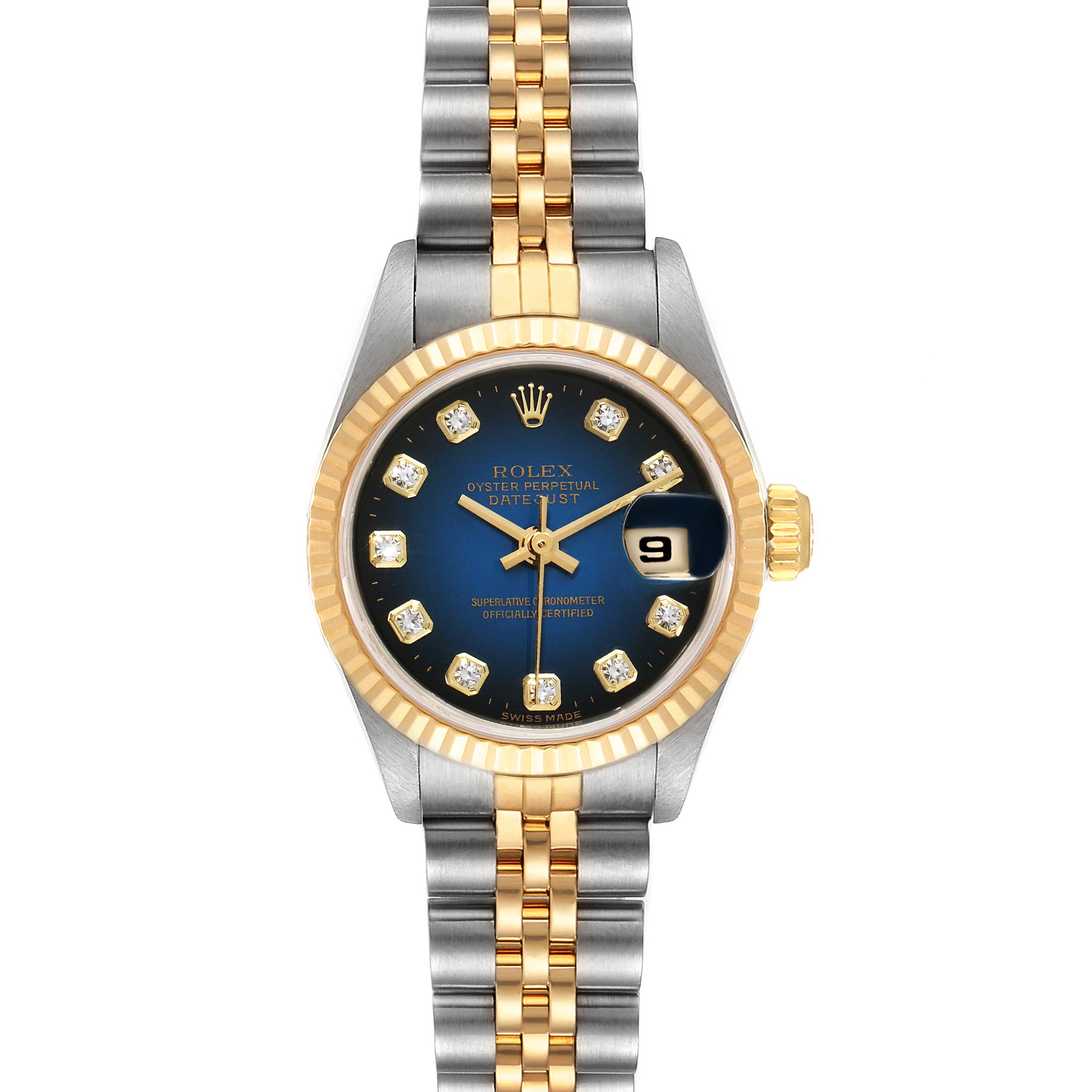 This is a front view of a Rolex Datejust 69173 Women's Steel and Gold (two tone) Blue Dial 69173 Women's Steel and Gold (two tone) Blue Dial, displaying the dial, bezel, crown, and two-tone bracelet.