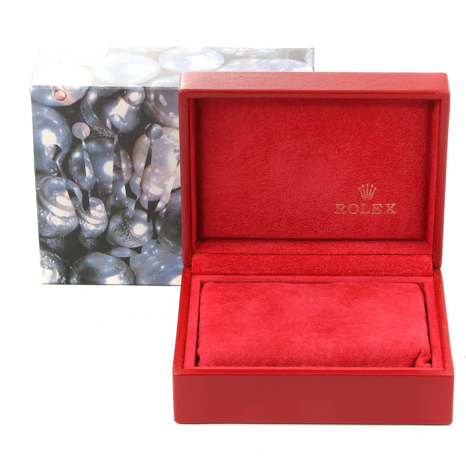 The image shows a red Rolex Datejust 69173 Women's Steel and Gold (two tone) Blue Dial 69173 Women's Steel and Gold (two tone) Blue Dial watch box, open, with the outer decorative box in the background.