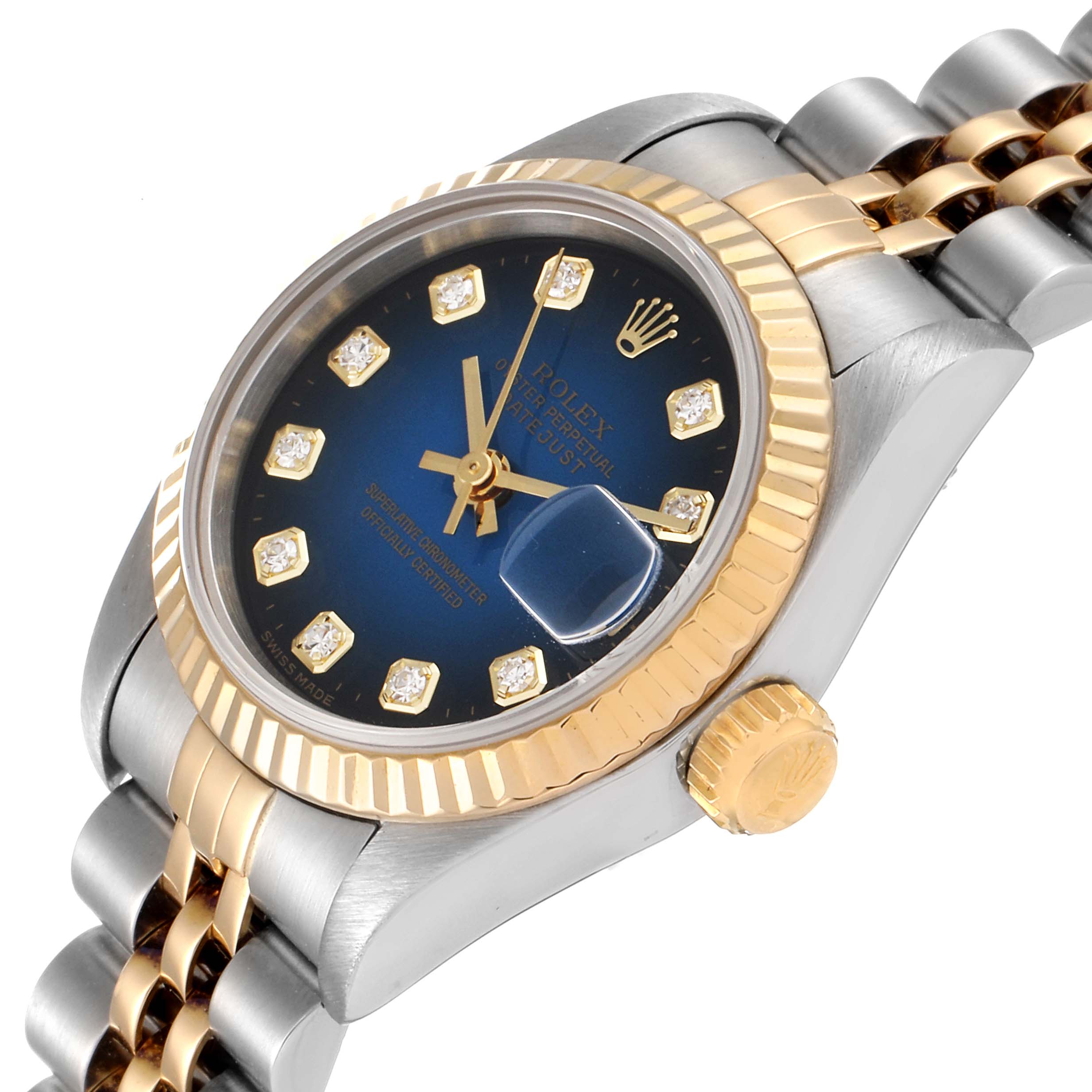 The image shows a close-up angled view of a Rolex Datejust 69173 Women's Steel and Gold (two tone) Blue Dial 69173 Women's Steel and Gold (two tone) Blue Dial watch, focusing on the dial, bezel, crown, and part of the bracelet.