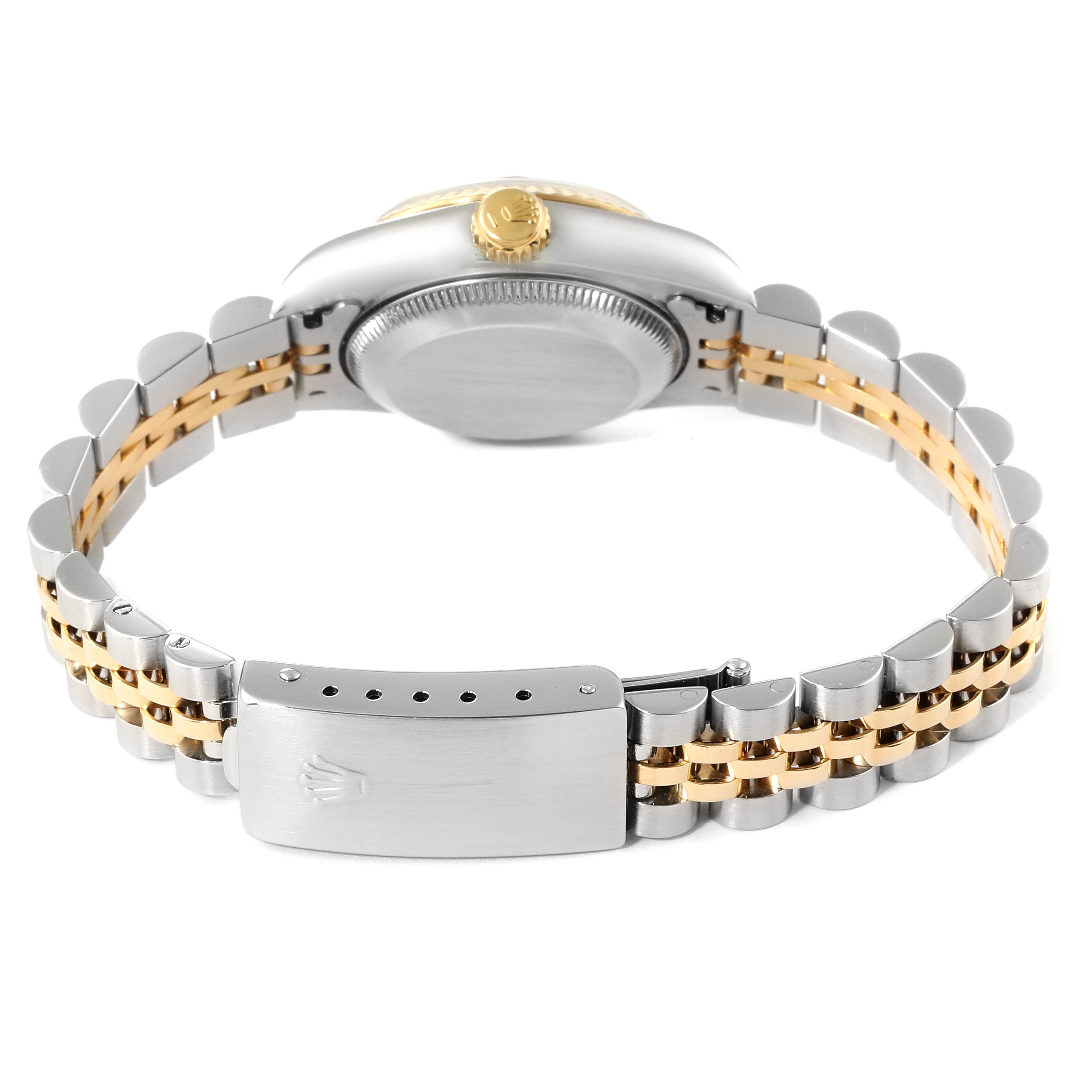 The image shows the Rolex Datejust 69173 Women's Steel and Gold (two tone) Blue Dial 69173 Women's Steel and Gold (two tone) Blue Dial watch from the back, highlighting the bracelet, clasp, case back, and crown.