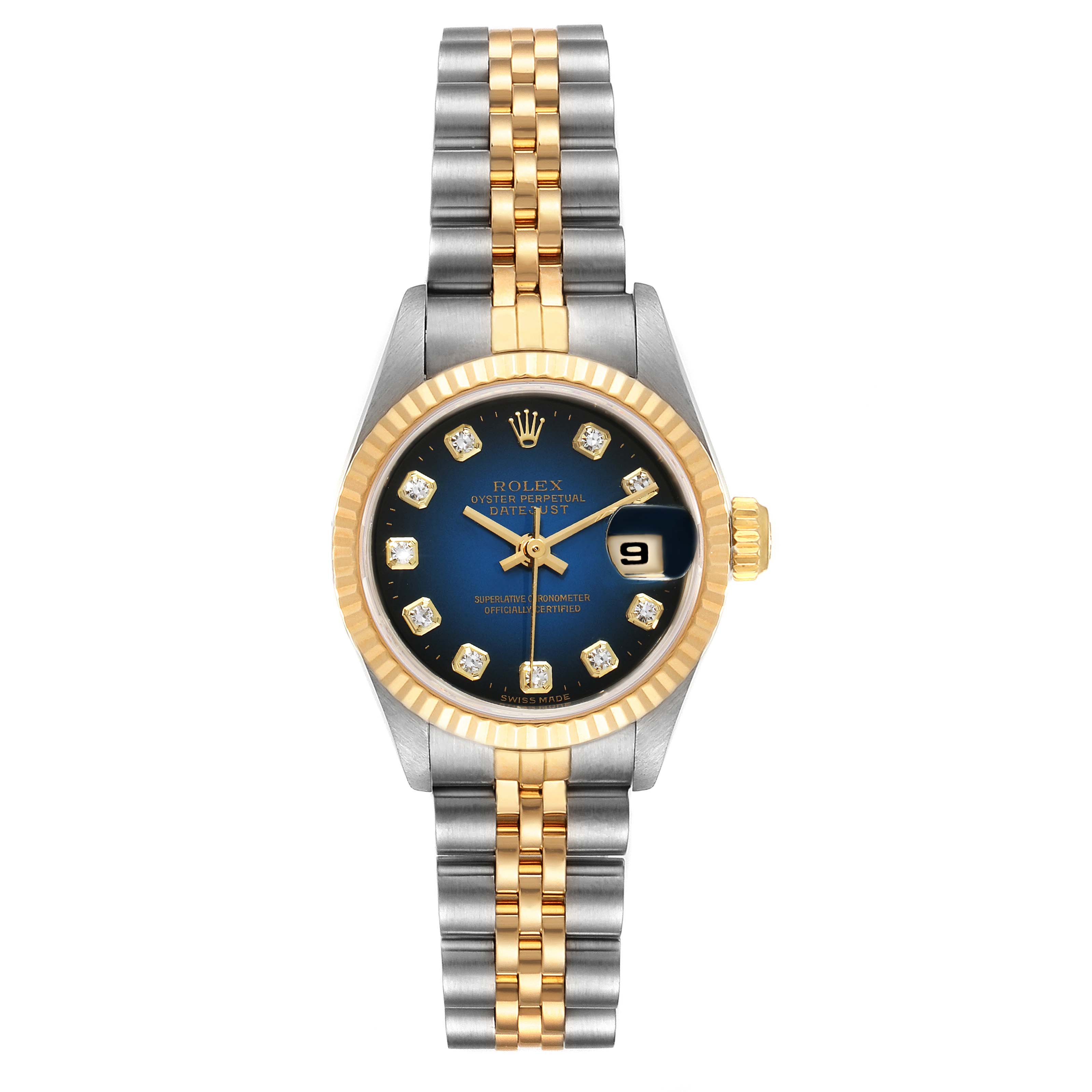 The Rolex Datejust 69173 Women's Steel and Gold (two tone) Blue Dial 69173 Women's Steel and Gold (two tone) Blue Dial watch is shown from an overhead angle, displaying its bi-metal strap, blue dial, gold markers, and date window.