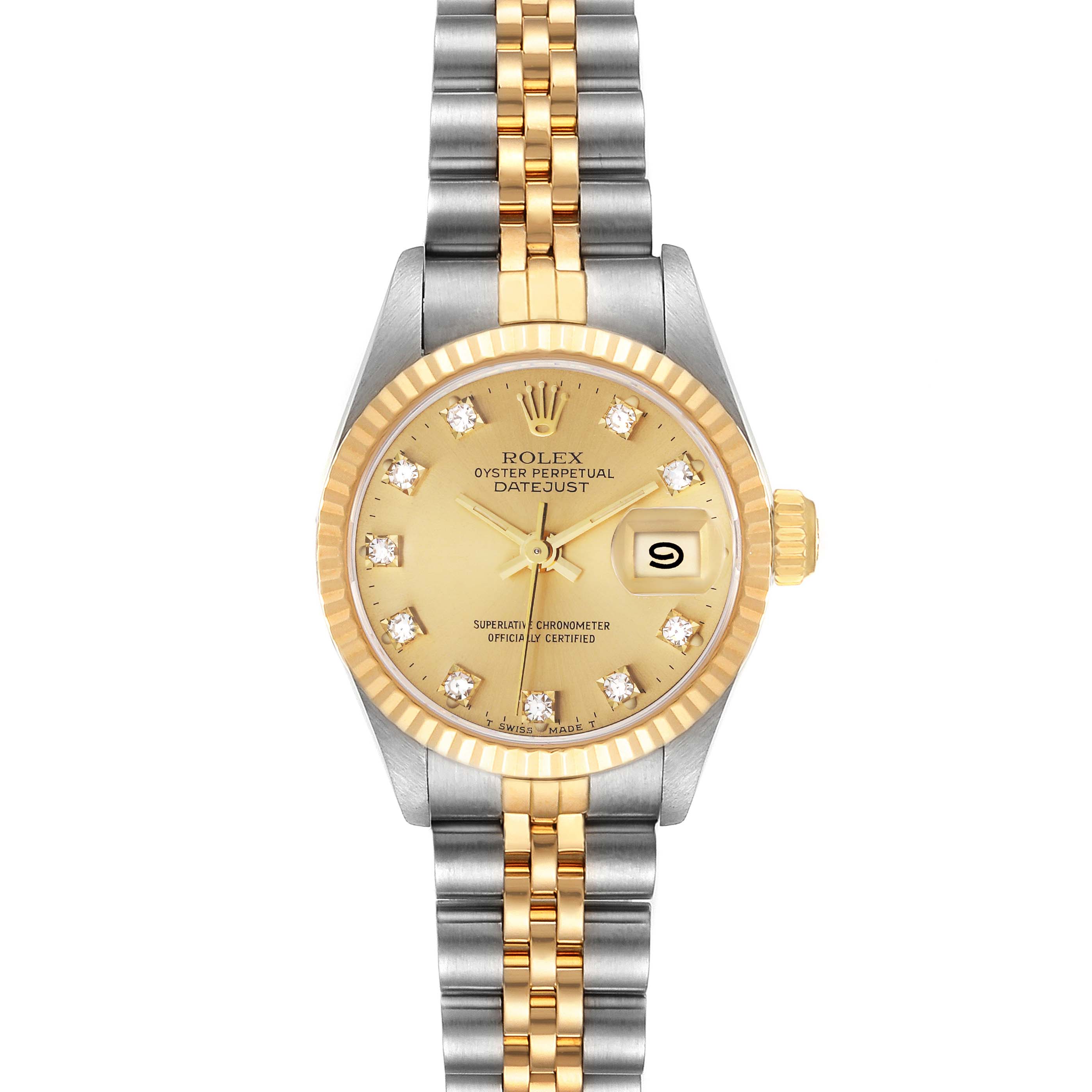 This image shows a front view of a Rolex Datejust 69173 Women's Steel and Gold (two tone) Champagne Dial 69173 Women's Steel and Gold (two tone) Champagne Dial watch with a two-tone bracelet, champagne dial, and diamond markers.
