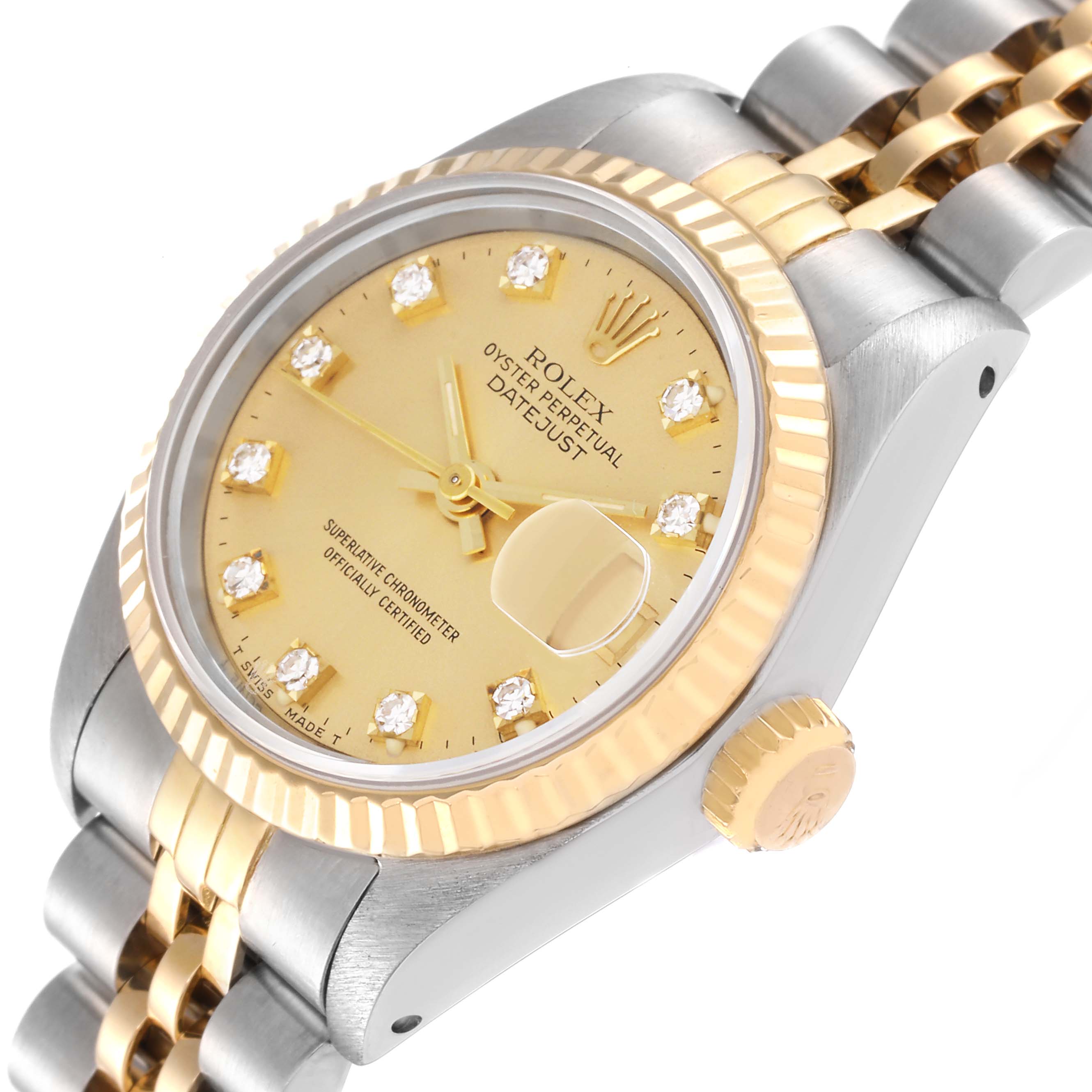 The image shows a close-up view of a Rolex Datejust 69173 Women's Steel and Gold (two tone) Champagne Dial 69173 Women's Steel and Gold (two tone) Champagne Dial watch, displaying its gold dial, diamond hour markers, fluted bezel, and Jubilee bracelet.