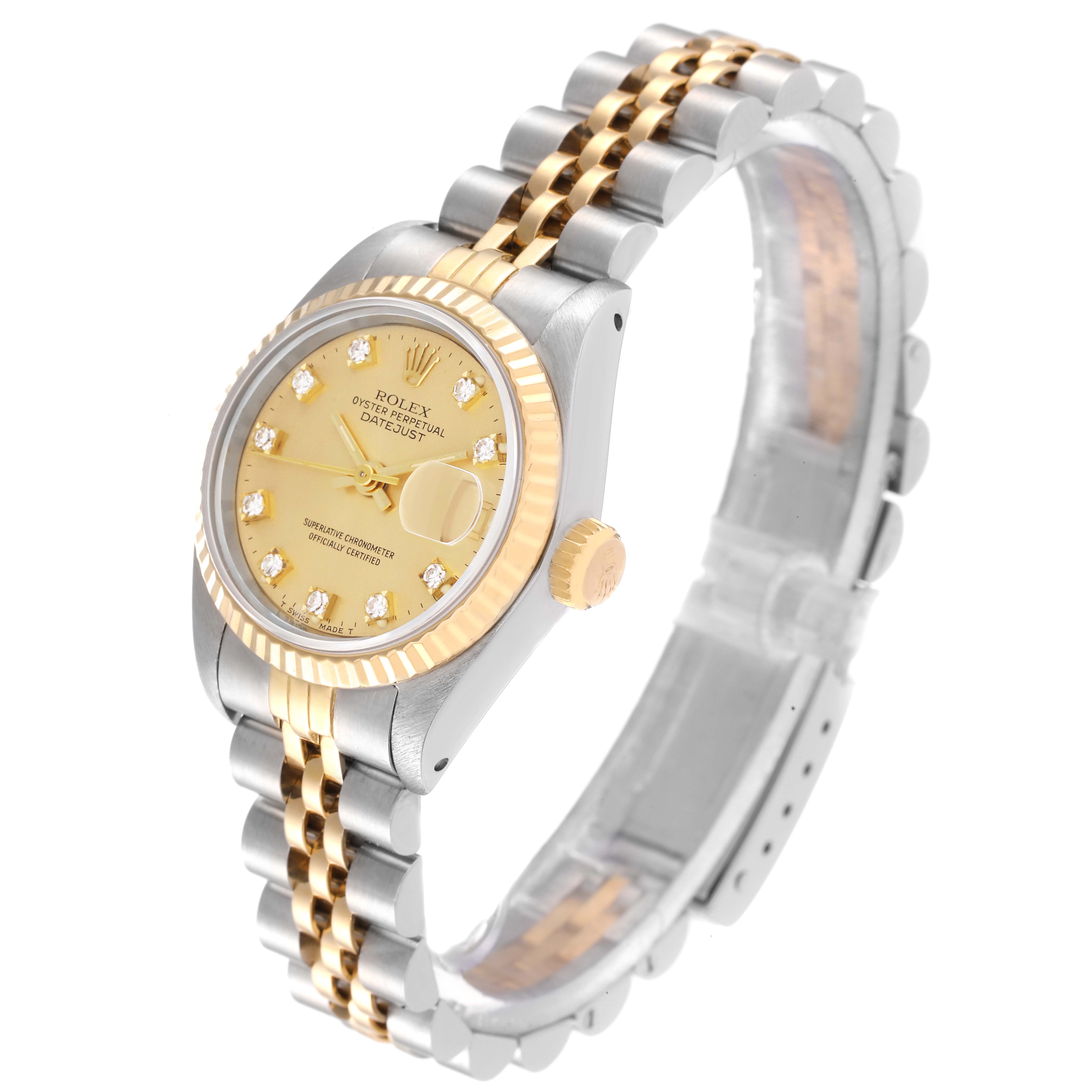 The image shows a Rolex Datejust 69173 Women's Steel and Gold (two tone) Champagne Dial 69173 Women's Steel and Gold (two tone) Champagne Dial watch at an angle highlighting the face, bezel, crown, and part of the two-tone bracelet.