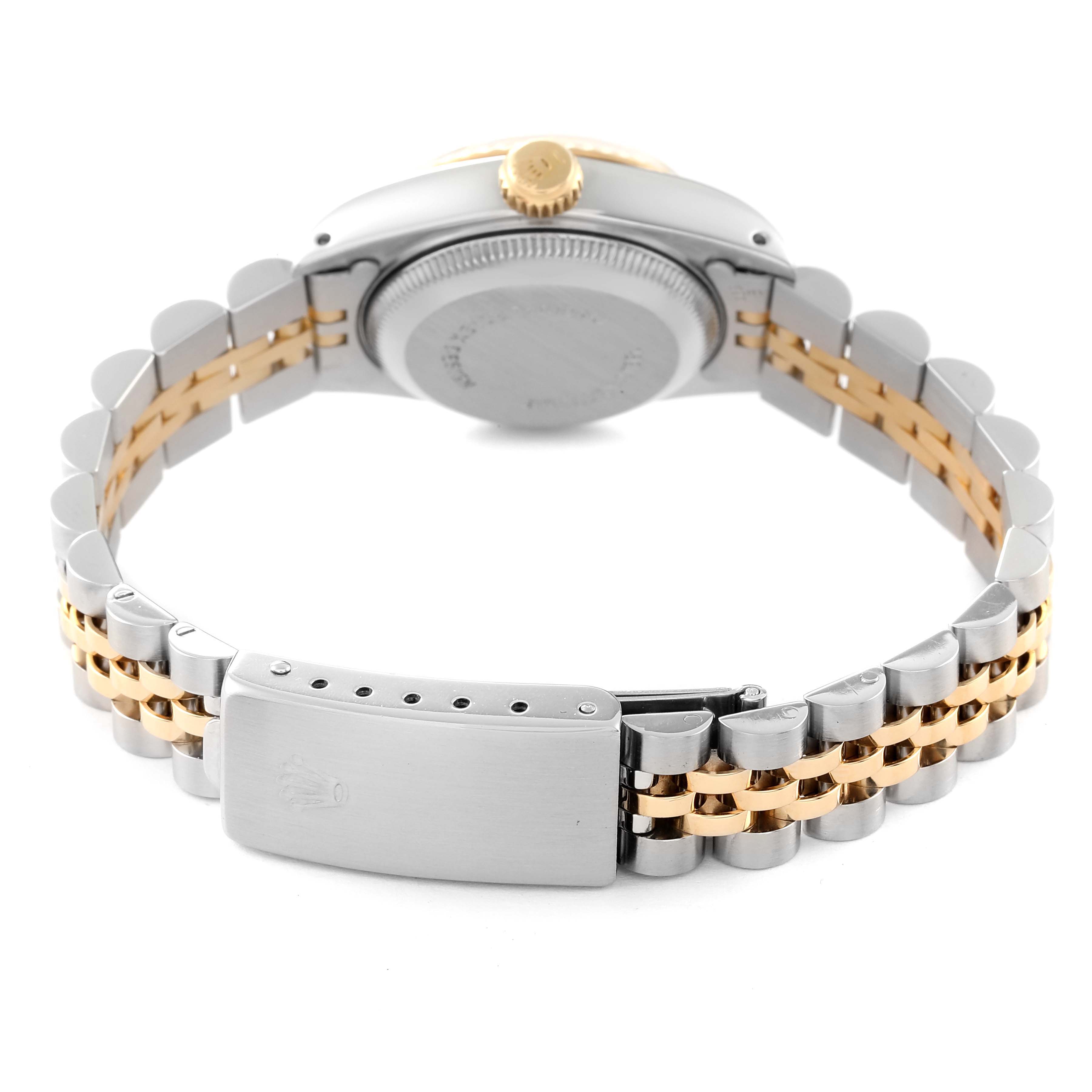 This image shows the back view of a Rolex Datejust 69173 Women's Steel and Gold (two tone) Champagne Dial 69173 Women's Steel and Gold (two tone) Champagne Dial watch, featuring its clasp, bracelet, and case.
