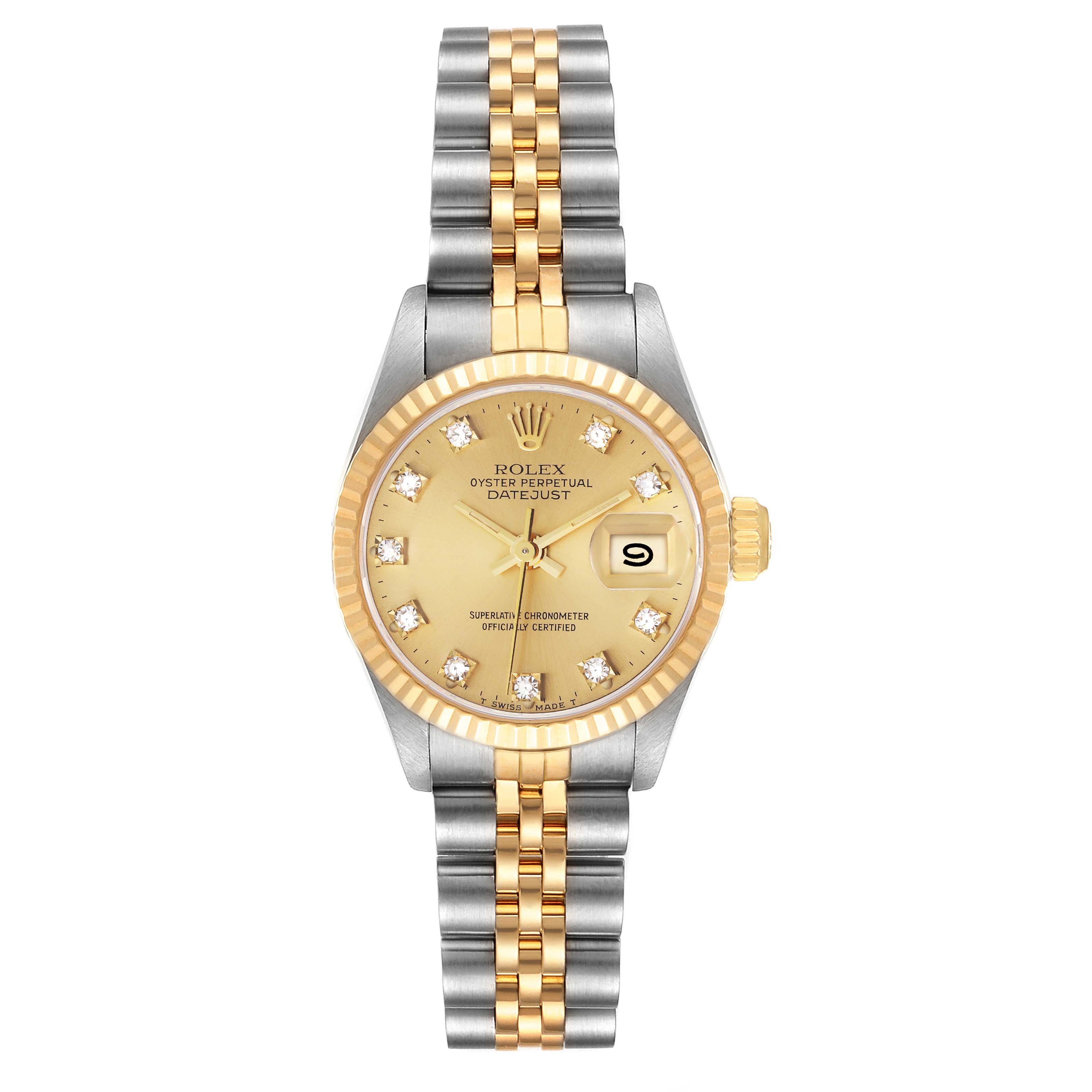The image shows a Rolex Datejust 69173 Women's Steel and Gold (two tone) Champagne Dial 69173 Women's Steel and Gold (two tone) Champagne Dial watch front view, revealing its gold and silver bracelet, gold bezel, and diamond hour markers.