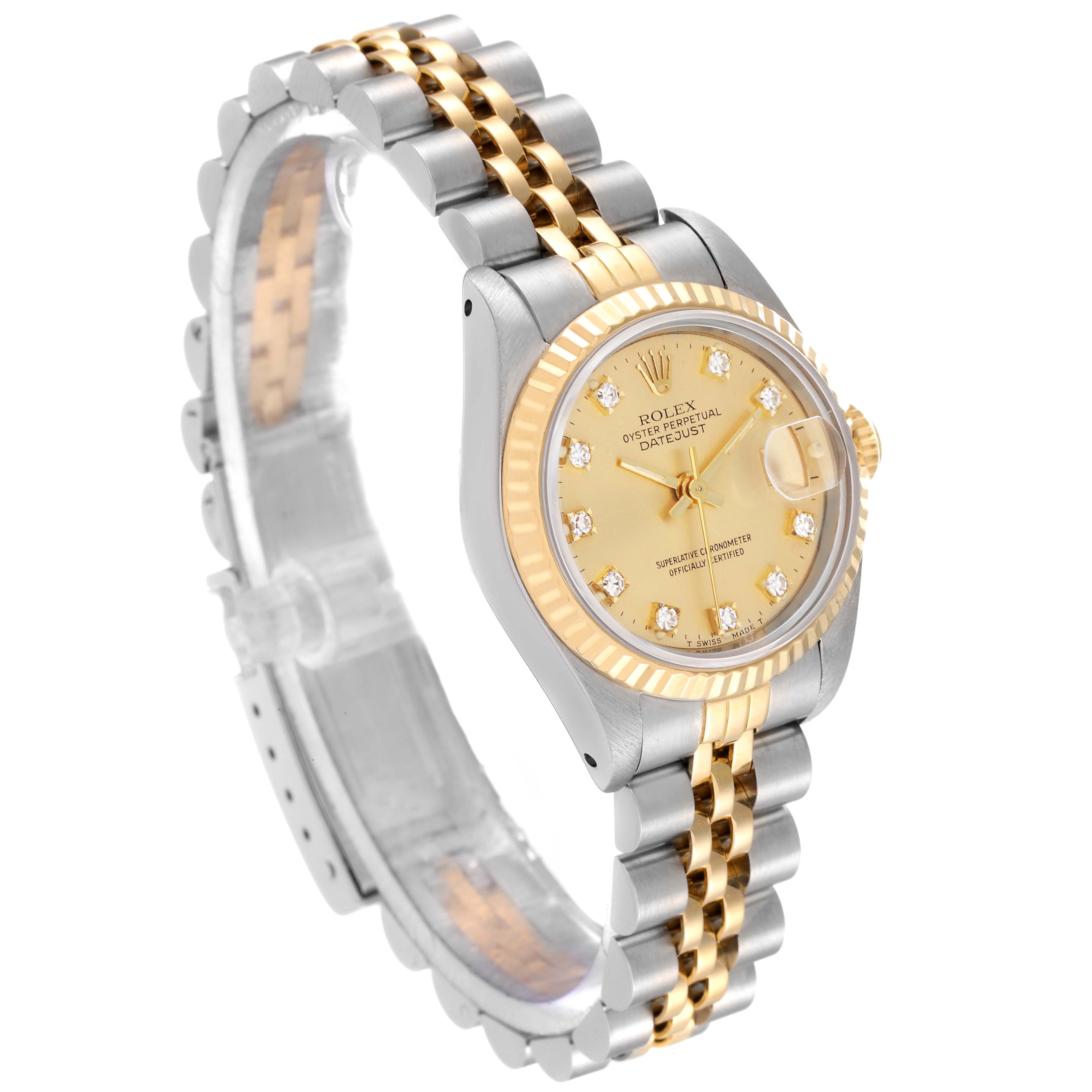 This image shows a Rolex Datejust 69173 Women's Steel and Gold (two tone) Champagne Dial 69173 Women's Steel and Gold (two tone) Champagne Dial watch at a slight angle, highlighting its two-tone bracelet, bezel, and champagne dial with diamond markers.