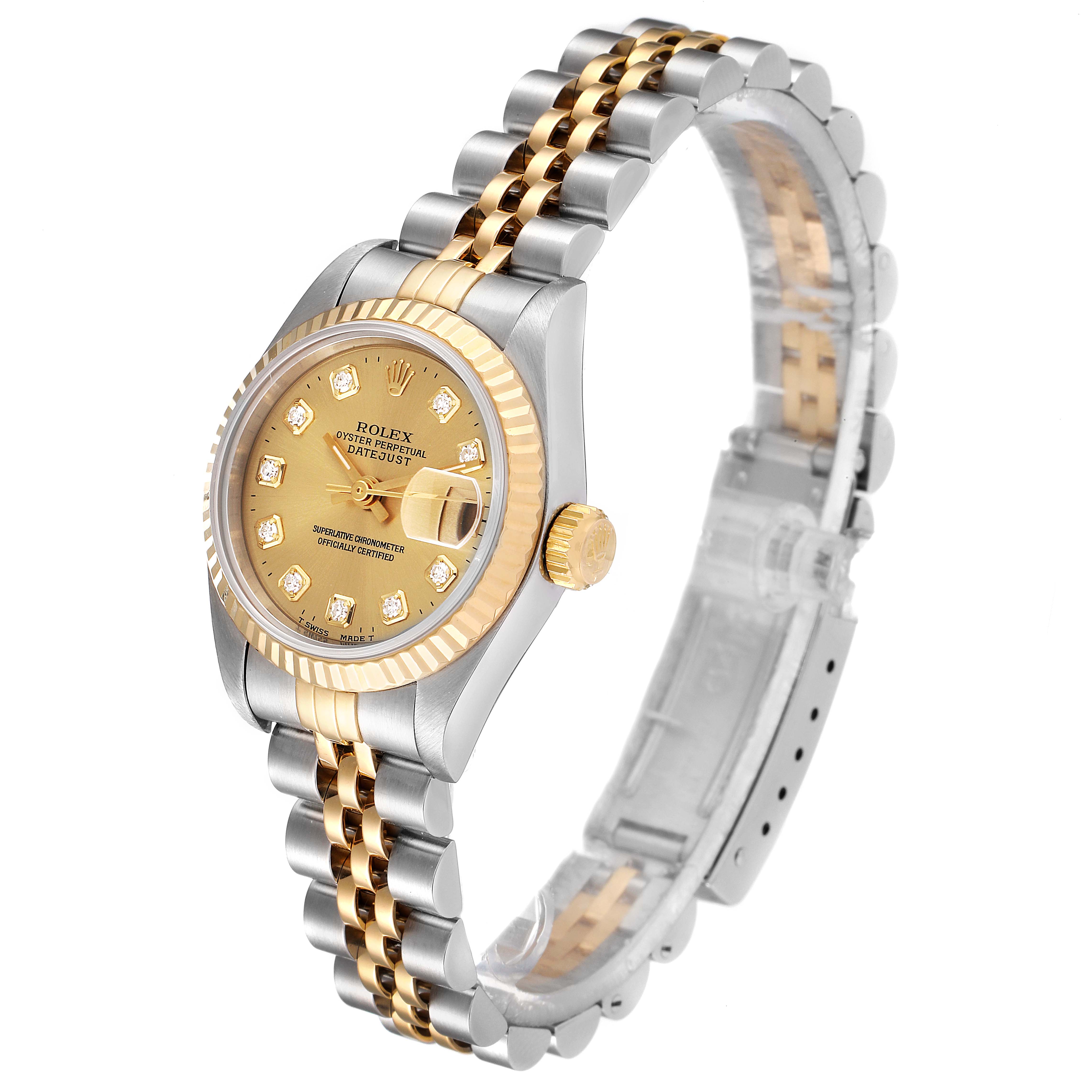 The image shows a Rolex Datejust 69173 Women's Steel and Gold (two tone) Champagne Dial 69173 Women's Steel and Gold (two tone) Champagne Dial watch from a three-quarter angle, highlighting its two-tone bracelet, gold bezel, and gold dial.
