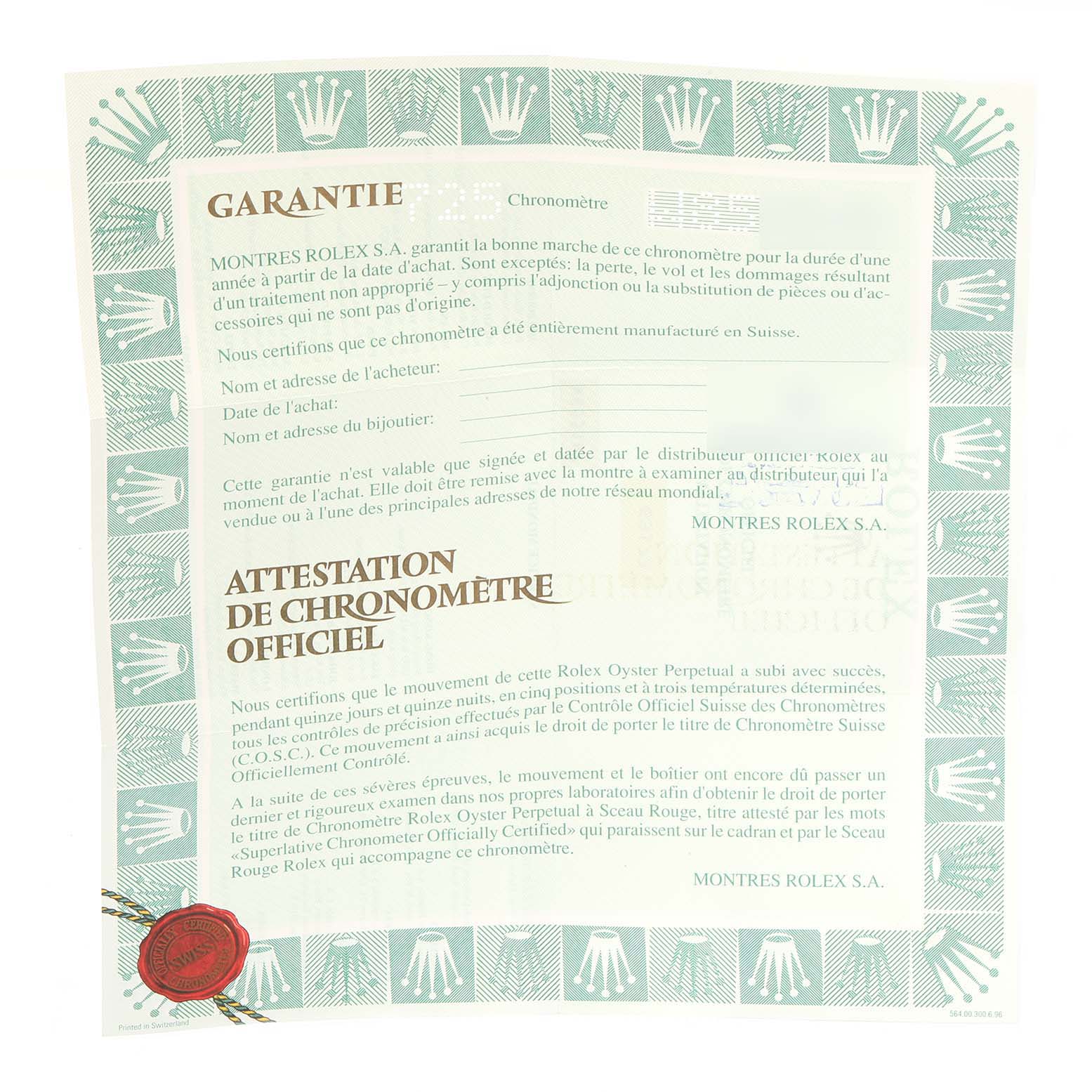 This image shows a Rolex Datejust 69173 Women's Steel and Gold (two tone) Champagne Dial 69173 Women's Steel and Gold (two tone) Champagne Dial warranty and chronometer certification document.