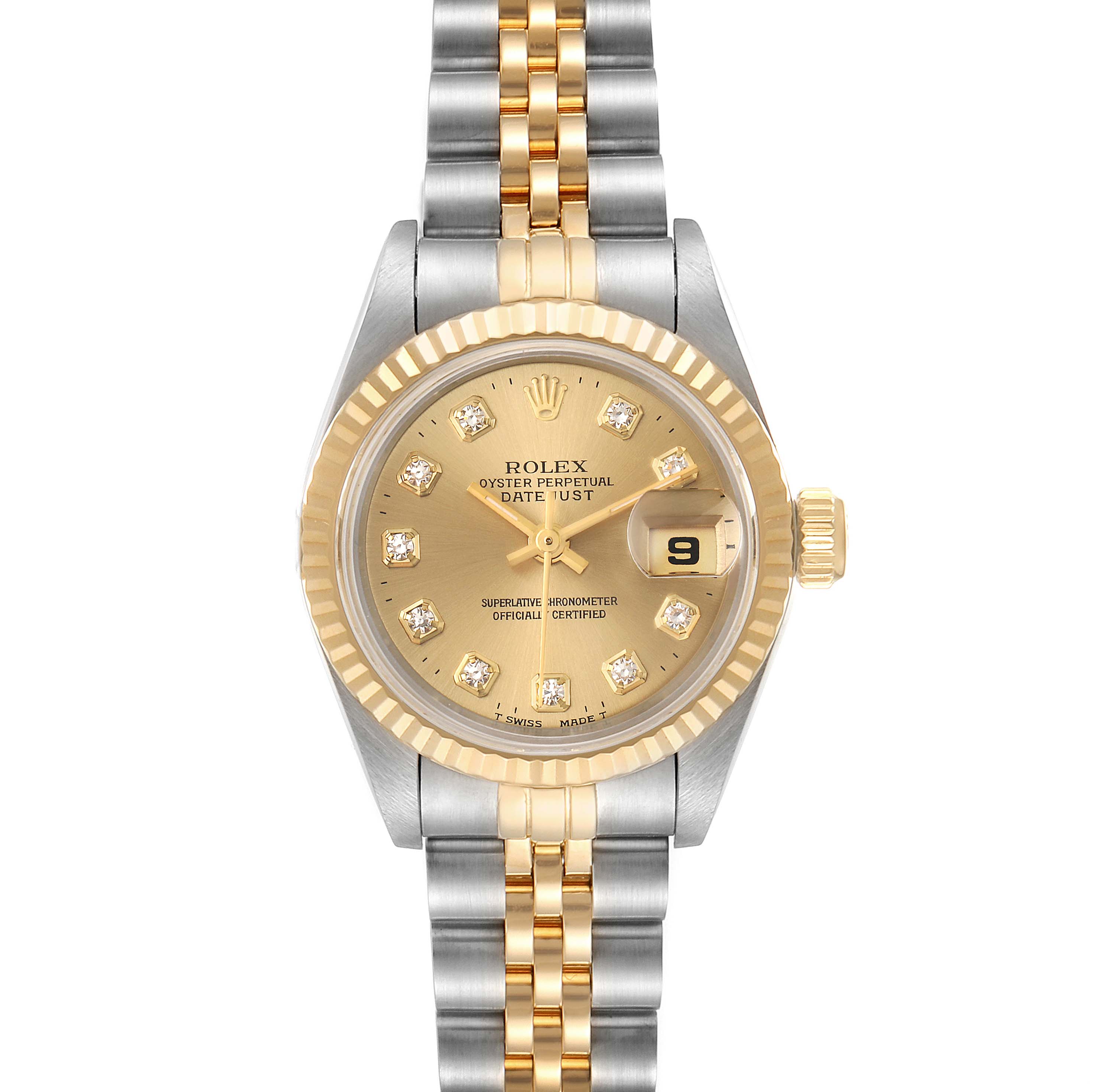 The Rolex Datejust 69173 Women's Steel and Gold (two tone) Champagne Dial 69173 Women's Steel and Gold (two tone) Champagne Dial watch is shown from a front angle, displaying the dial, hour markers, hands, bezel, and bracelet.