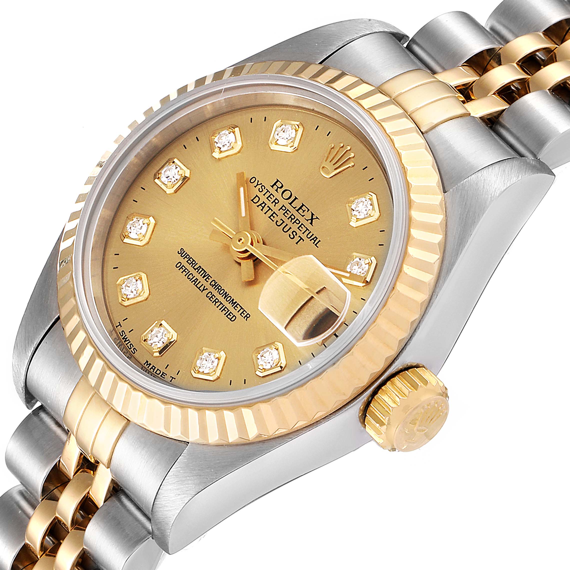 This image shows a close-up of the Rolex Datejust 69173 Women's Steel and Gold (two tone) Champagne Dial 69173 Women's Steel and Gold (two tone) Champagne Dial watch, highlighting its face, bezel, crown, and part of the bracelet.
