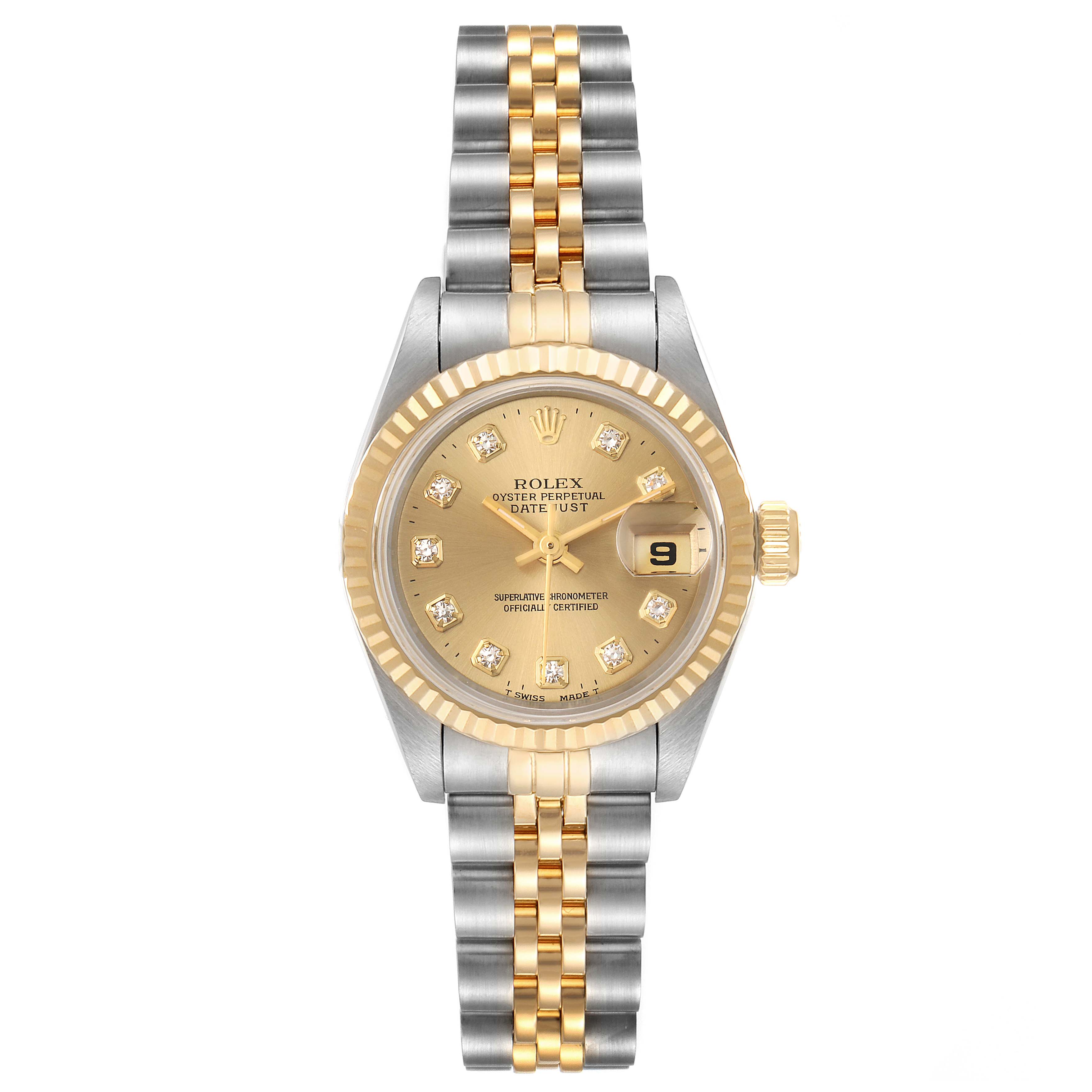 This is a front view of a Rolex Datejust 69173 Women's Steel and Gold (two tone) Champagne Dial 69173 Women's Steel and Gold (two tone) Champagne Dial watch, showcasing the dial, bezel, crown, and two-tone bracelet.