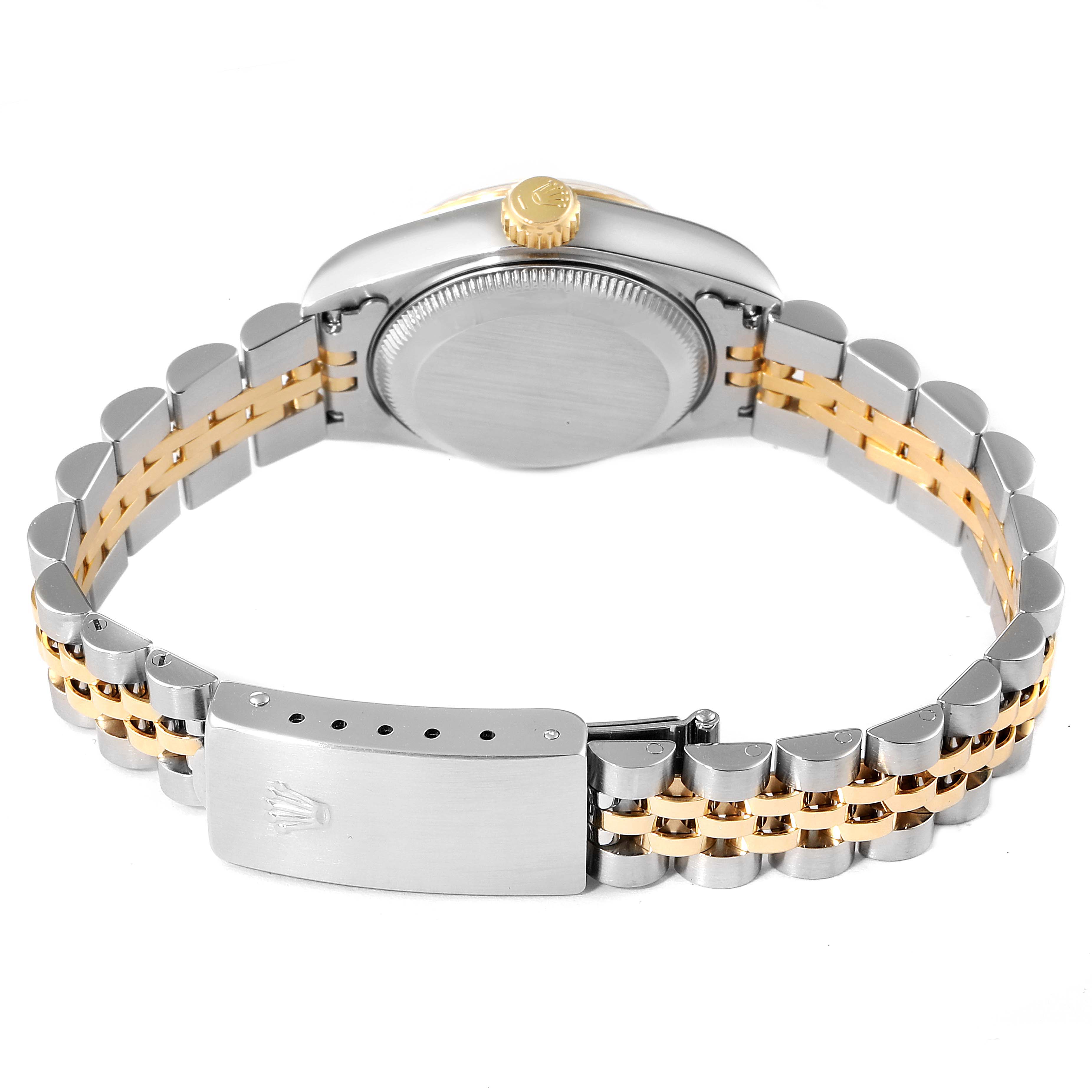 This image shows the back view and bracelet of a Rolex Datejust 69173 Women's Steel and Gold (two tone) Champagne Dial 69173 Women's Steel and Gold (two tone) Champagne Dial watch, highlighting its two-tone metal design.