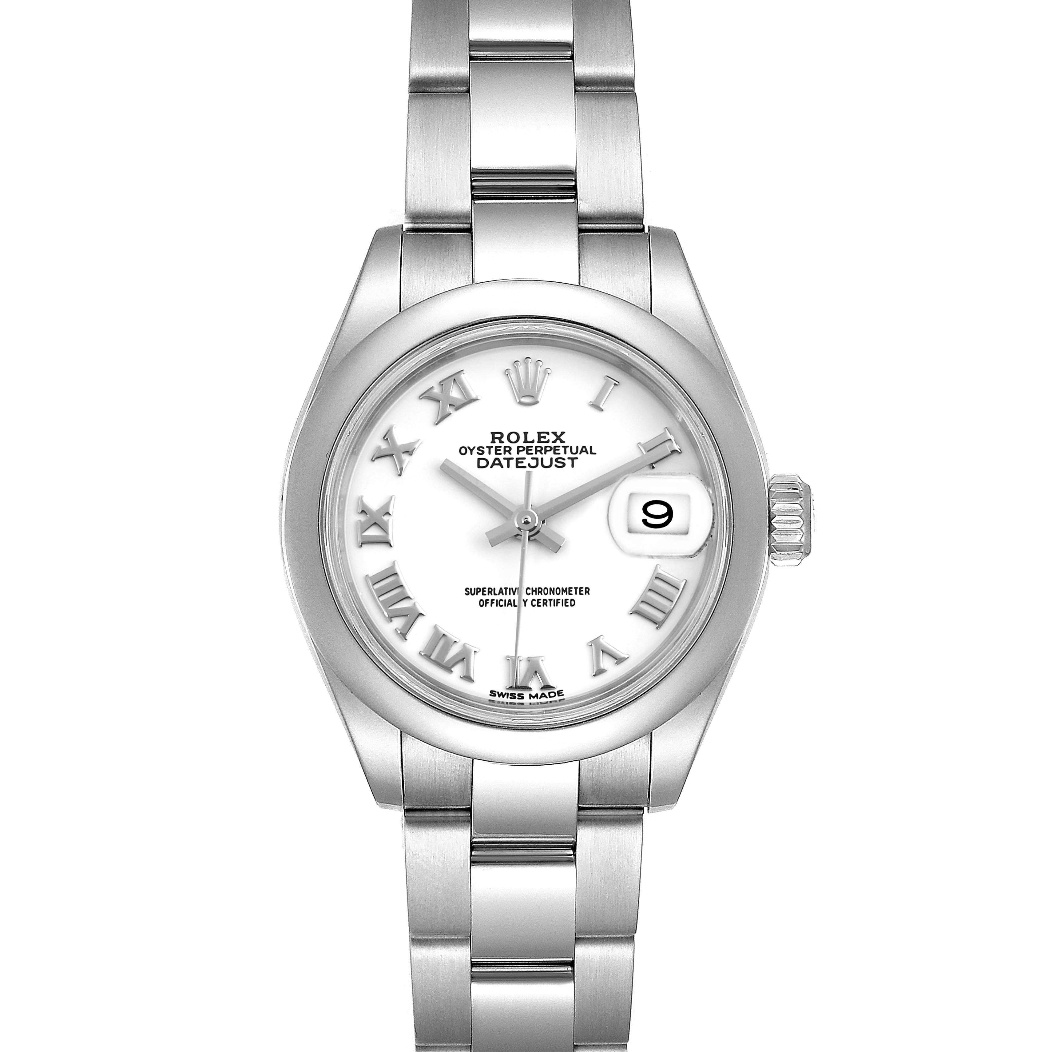 This image shows a Rolex Datejust 279160 Women
s Stainless Steel White Dial 279160 Women
s Stainless Steel White Dial watch from a top-down angle, highlighting the face, bracelet, and crown.