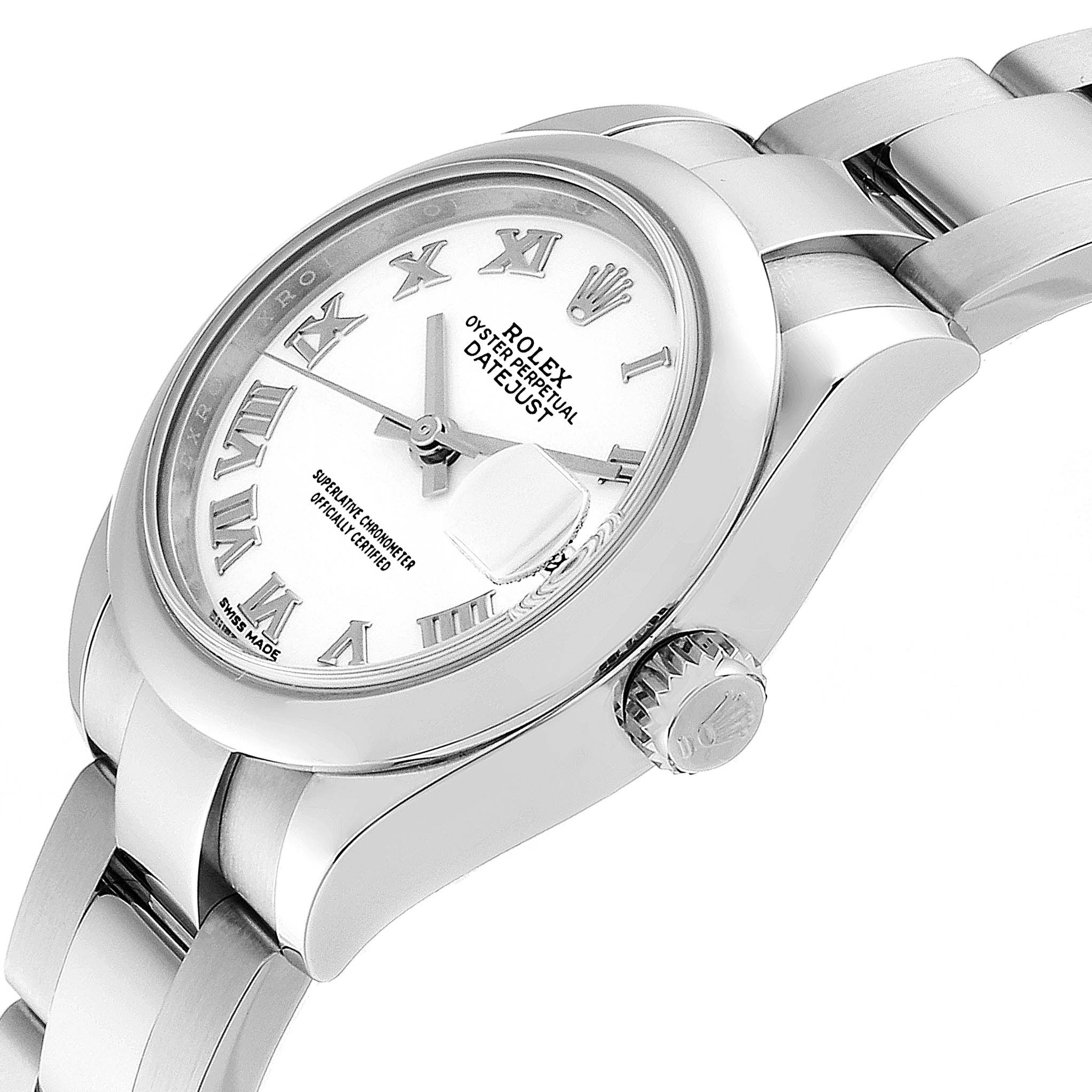 This image showcases a Rolex Datejust 279160 Women
s Stainless Steel White Dial 279160 Women
s Stainless Steel White Dial watch from a side angle, highlighting the dial, bezel, crown, and part of the bracelet.