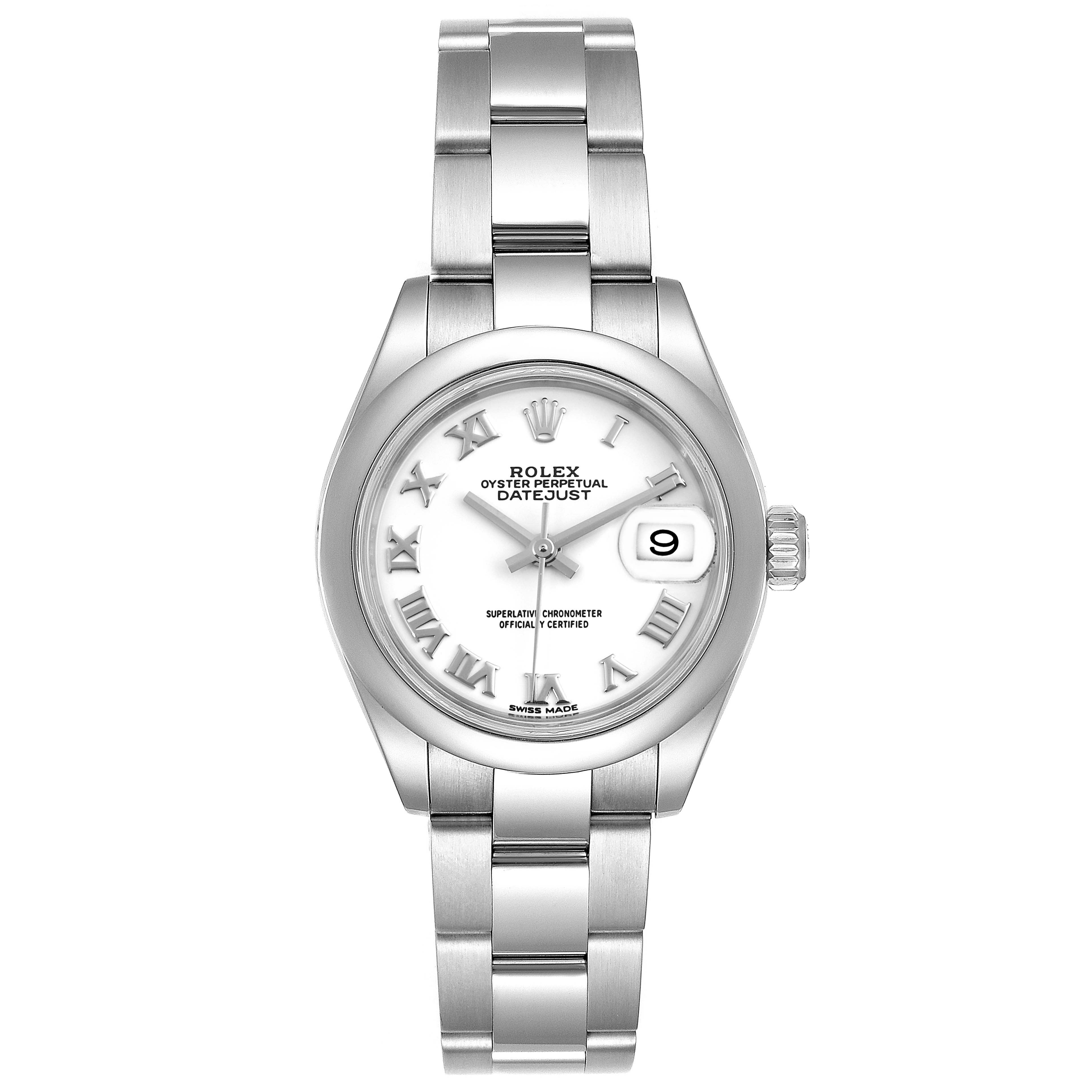 The image shows a front view of a Rolex Datejust 279160 Women
s Stainless Steel White Dial 279160 Women
s Stainless Steel White Dial watch, displaying the face, bracelet, and date window.