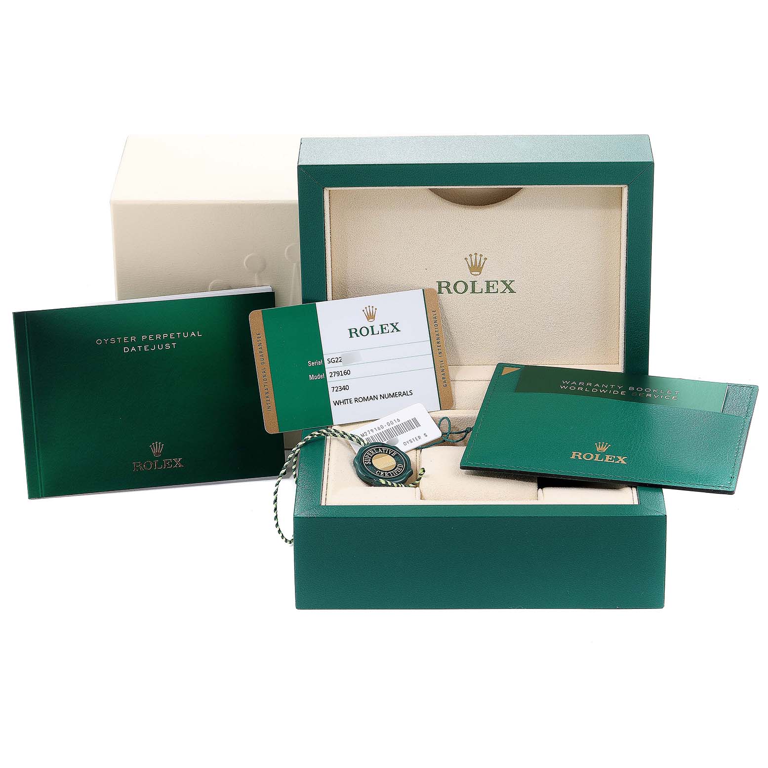 The image shows the packaging and accessories for the Rolex Datejust 279160 Women
s Stainless Steel White Dial 279160 Women
s Stainless Steel White Dial, including the box, warranty card, booklet, and tags.