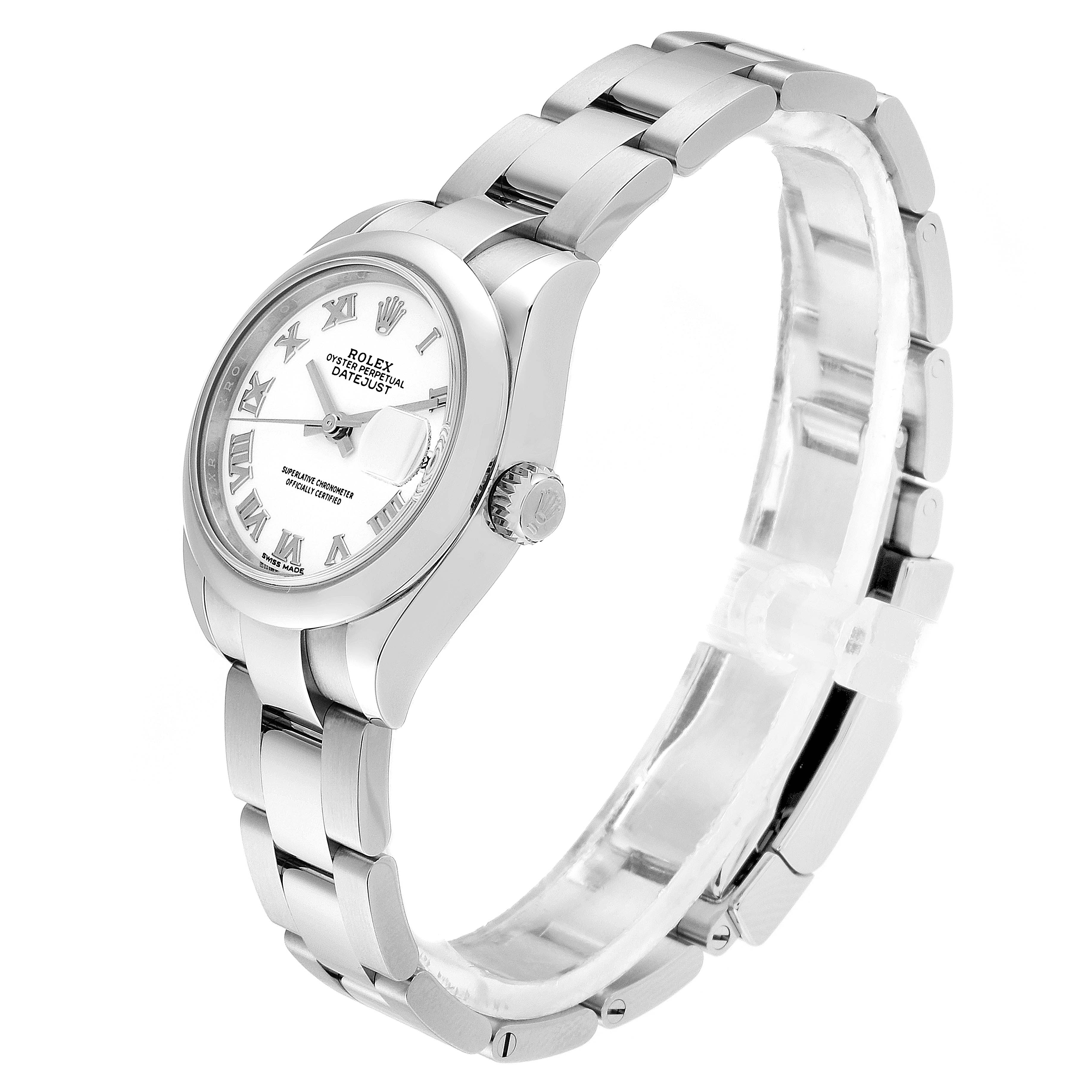 The image shows a side view of the Rolex Datejust 279160 Women
s Stainless Steel White Dial 279160 Women
s Stainless Steel White Dial watch, highlighting its bezel, crown, dial, and metal bracelet.