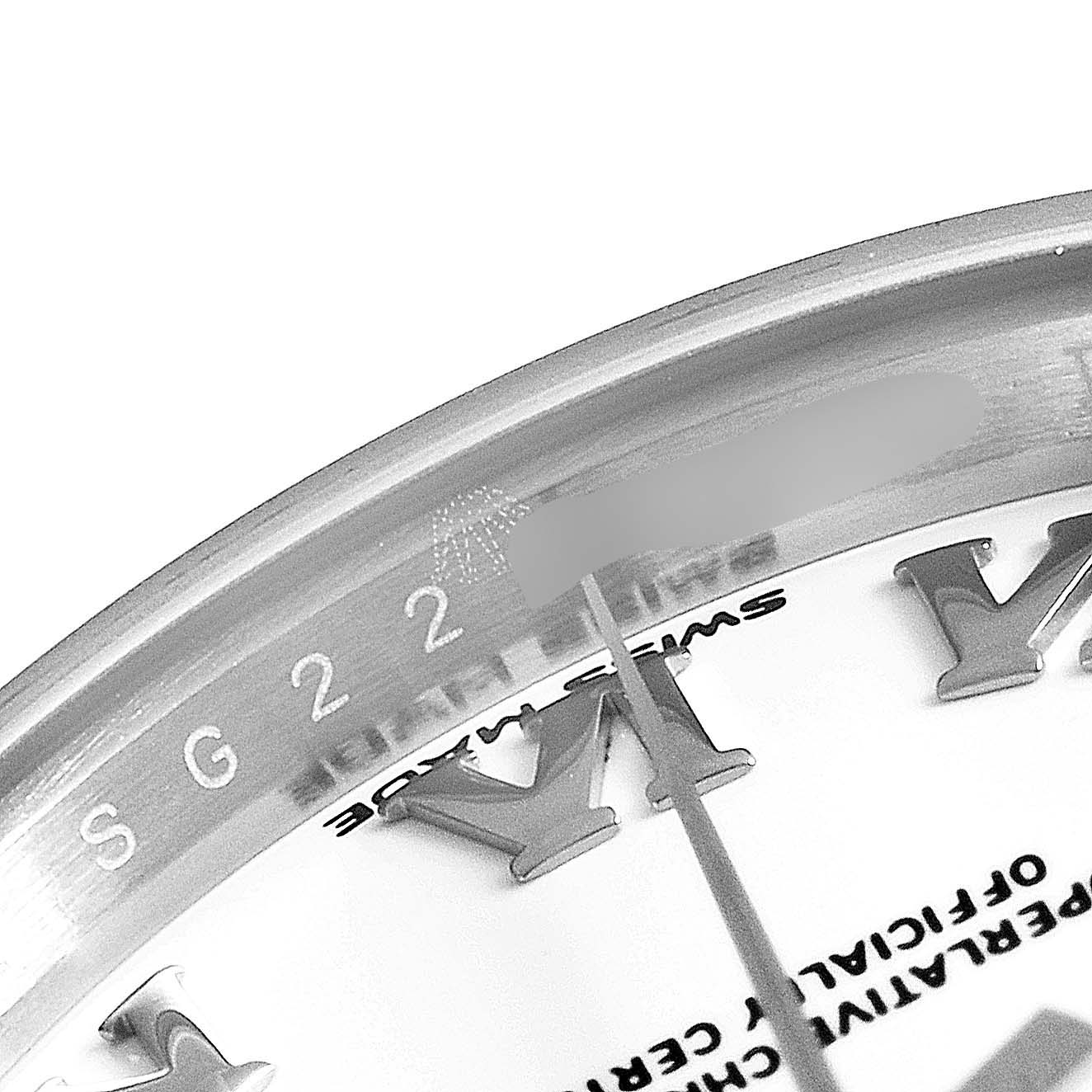 This image shows a close-up of the dial, bezel, and part of the minute hand of a Rolex Datejust 279160 Women
s Stainless Steel White Dial 279160 Women
s Stainless Steel White Dial watch.