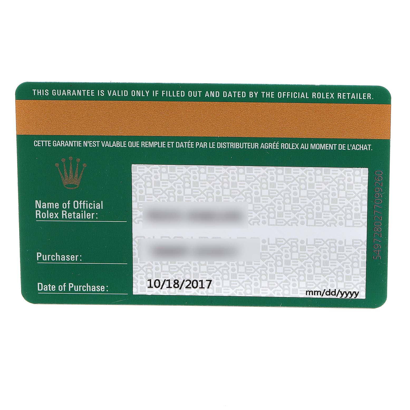 This image shows the warranty card of a Rolex Datejust 279160 Women
s Stainless Steel White Dial 279160 Women
s Stainless Steel White Dial watch, including retail details and purchase date.