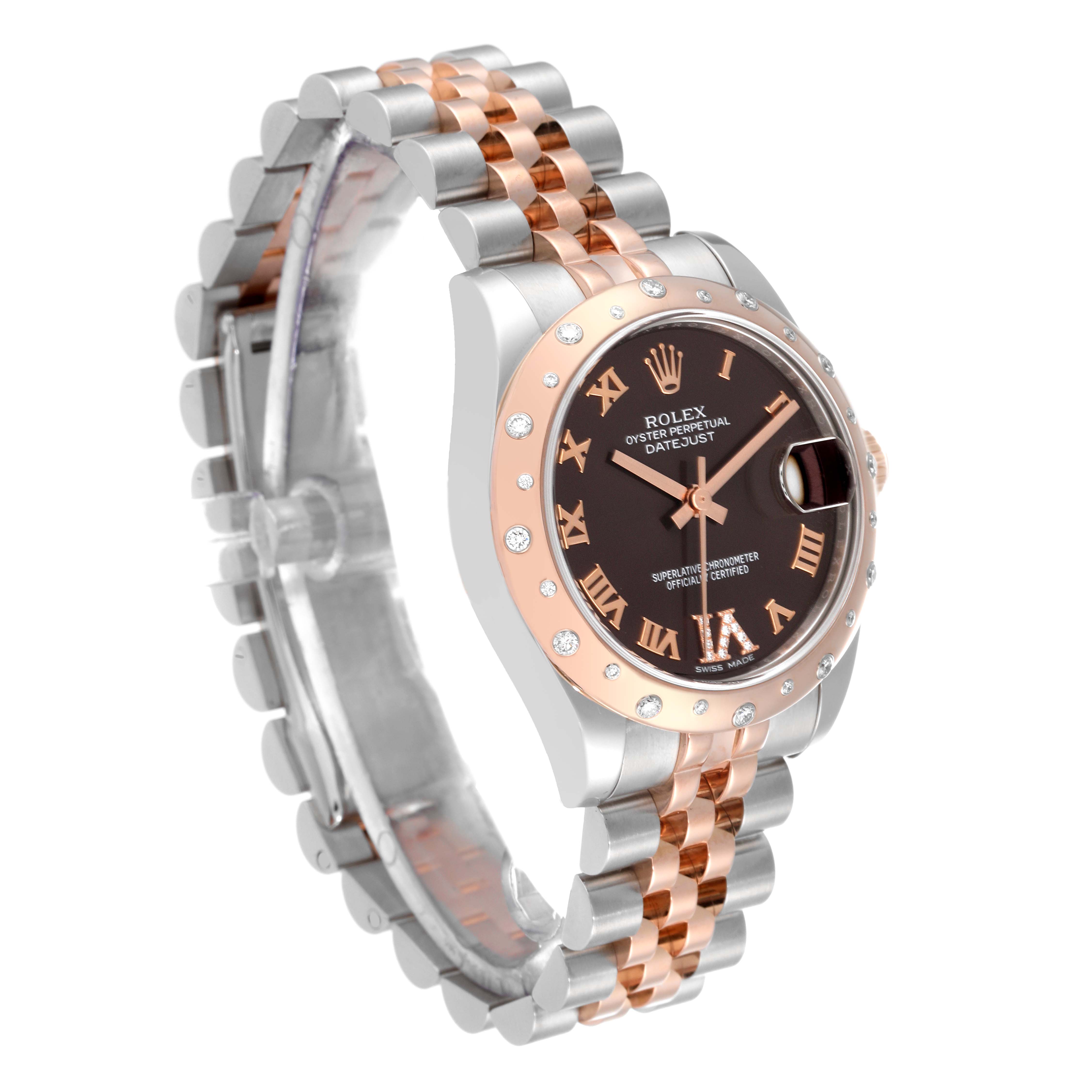 The image shows a side angle of the Rolex Mid-Size 178341 Women's Stainless Steel Brown Dial 178341 Women's Stainless Steel Brown Dial Datejust watch, highlighting the dial, bezel, and bracelet.