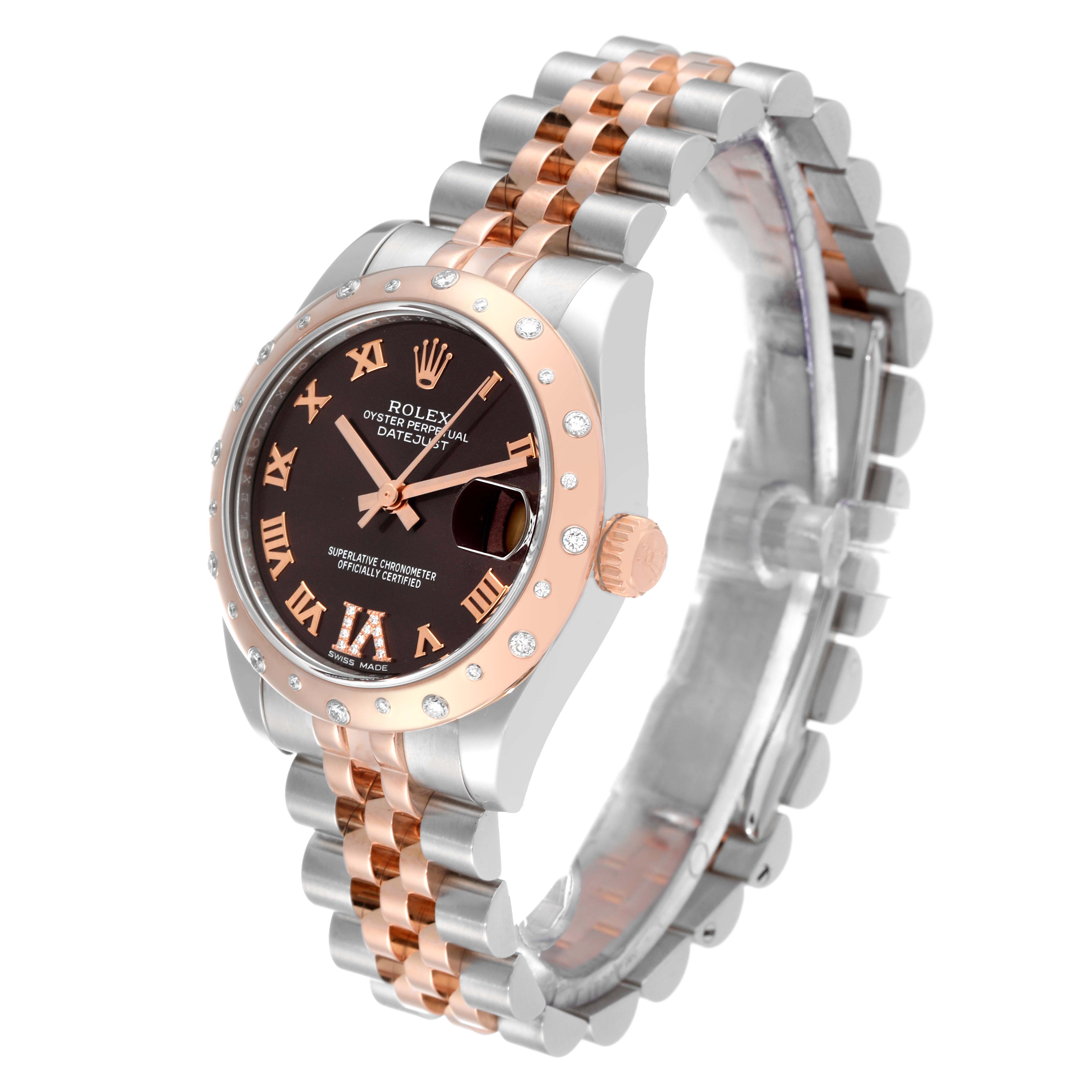 This Rolex Mid-Size 178341 Women's Stainless Steel Brown Dial 178341 Women's Stainless Steel Brown Dial Datejust watch is shown from an angle featuring its bezel, dial, case, and Jubilee bracelet.