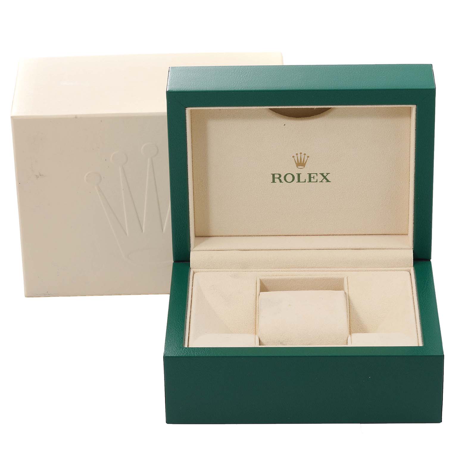 The image shows the open and closed boxes for a Rolex Mid-Size 178341 Women's Stainless Steel Brown Dial 178341 Women's Stainless Steel Brown Dial model, highlighting the inner cushioned display area.