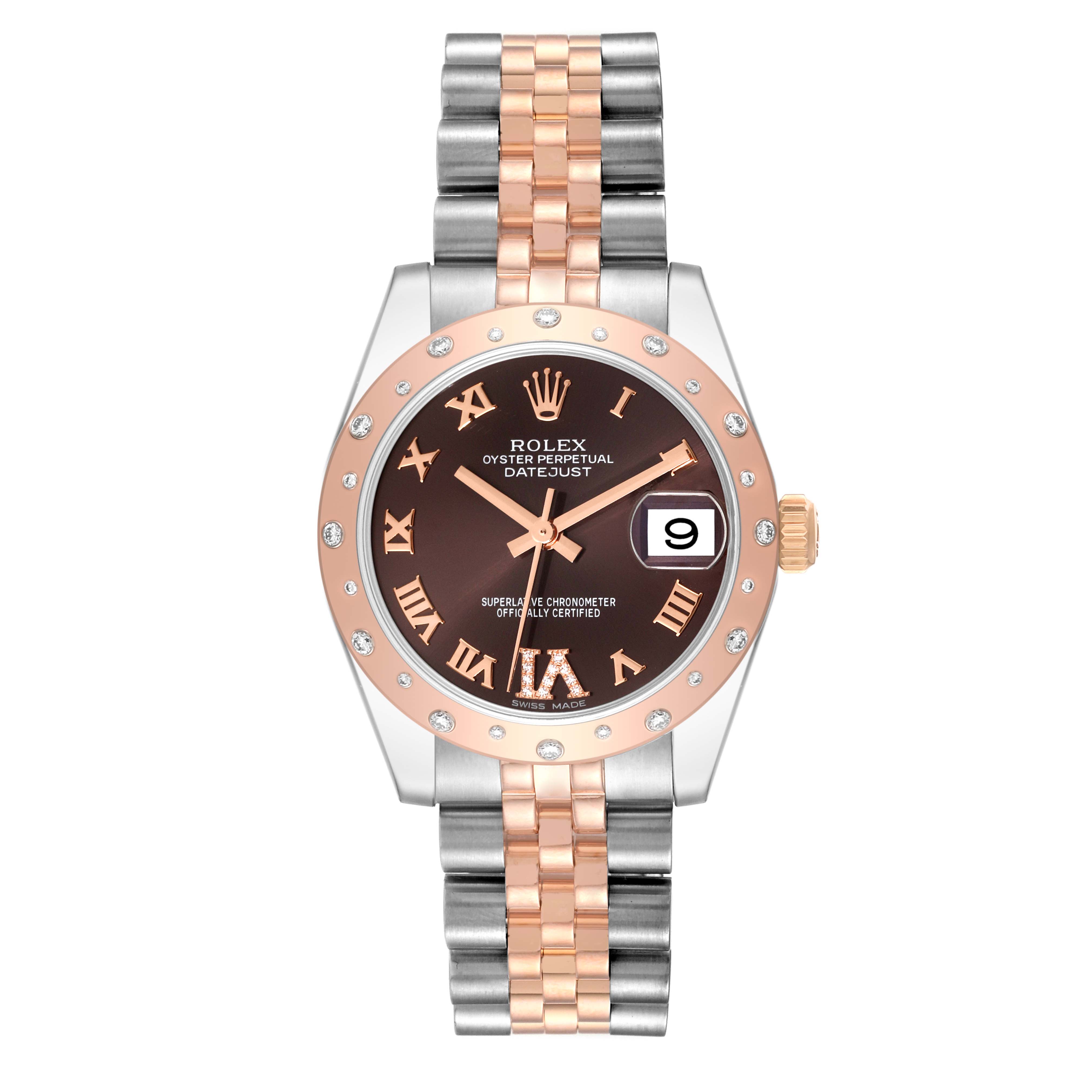The image shows a front view of the Rolex Mid-Size 178341 Women's Stainless Steel Brown Dial 178341 Women's Stainless Steel Brown Dial Datejust watch, displaying the dial, bezel, hands, bracelet, and date window.