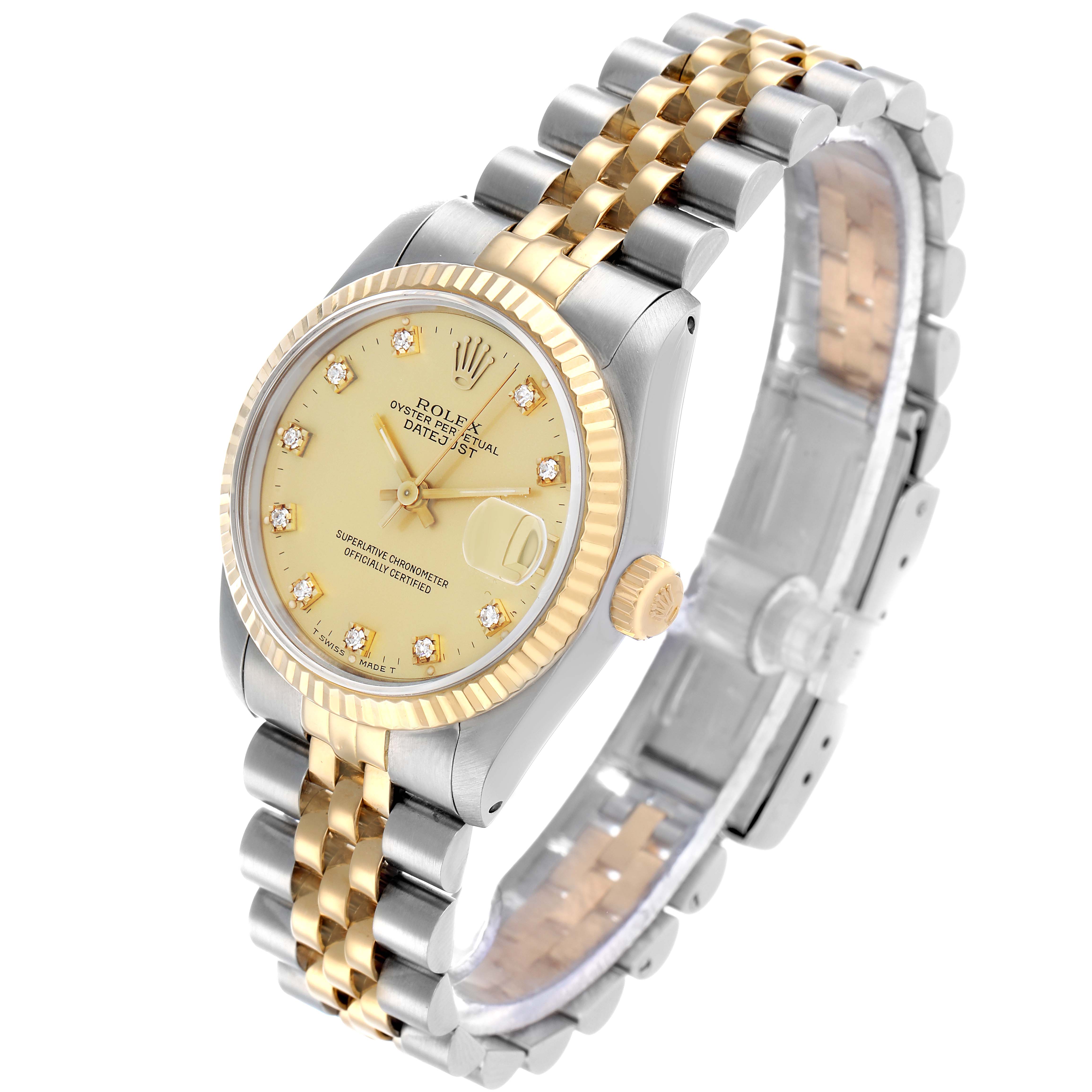 The Rolex Datejust 68273 Women's Stainless Steel Champagne Dial watch is shown at a slight angle, displaying the face, bezel, bracelet, and crown.