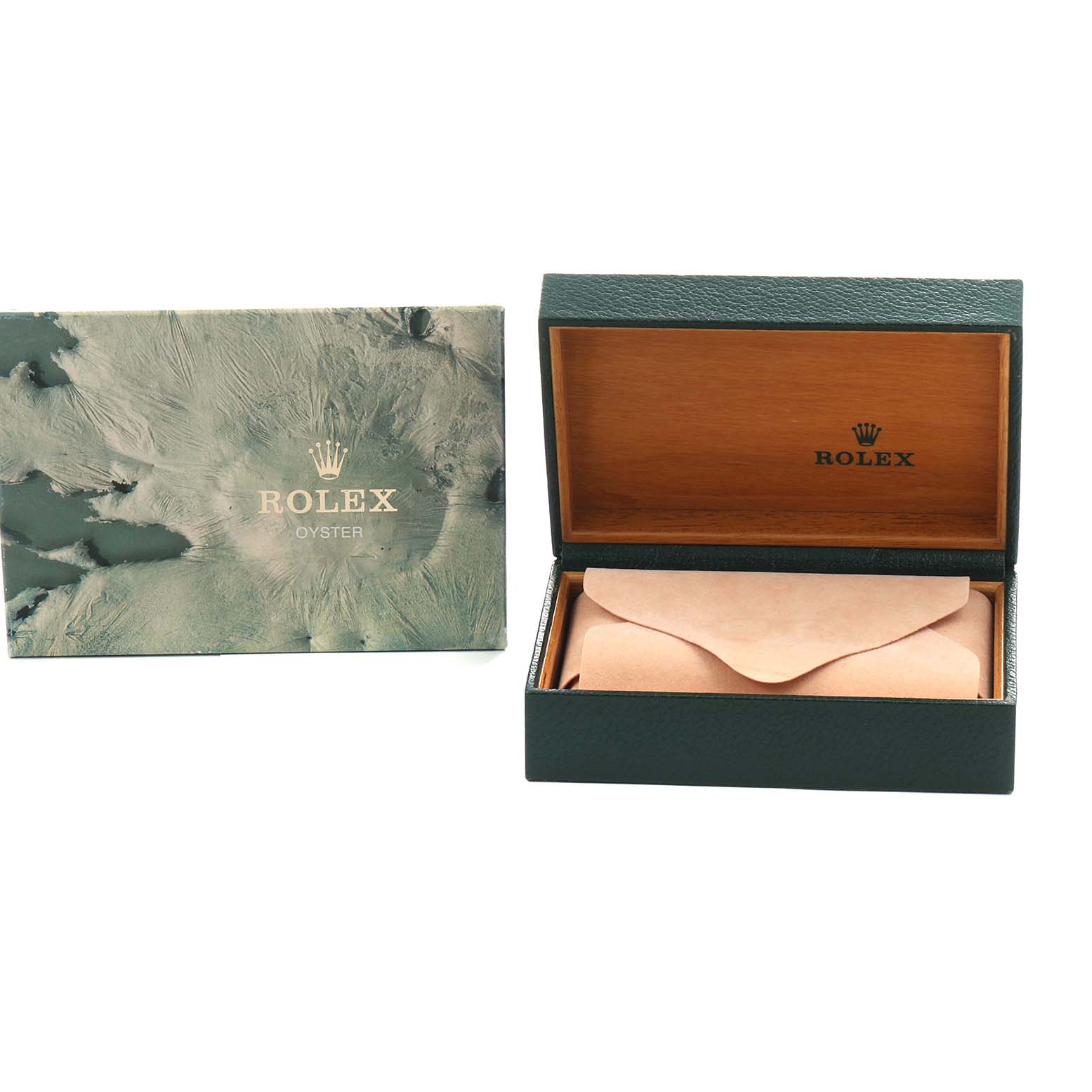 The image shows the packaging for a Rolex Datejust 68273 Women's Stainless Steel Champagne Dial, including an outer box and an open inner box with a pouch inside.