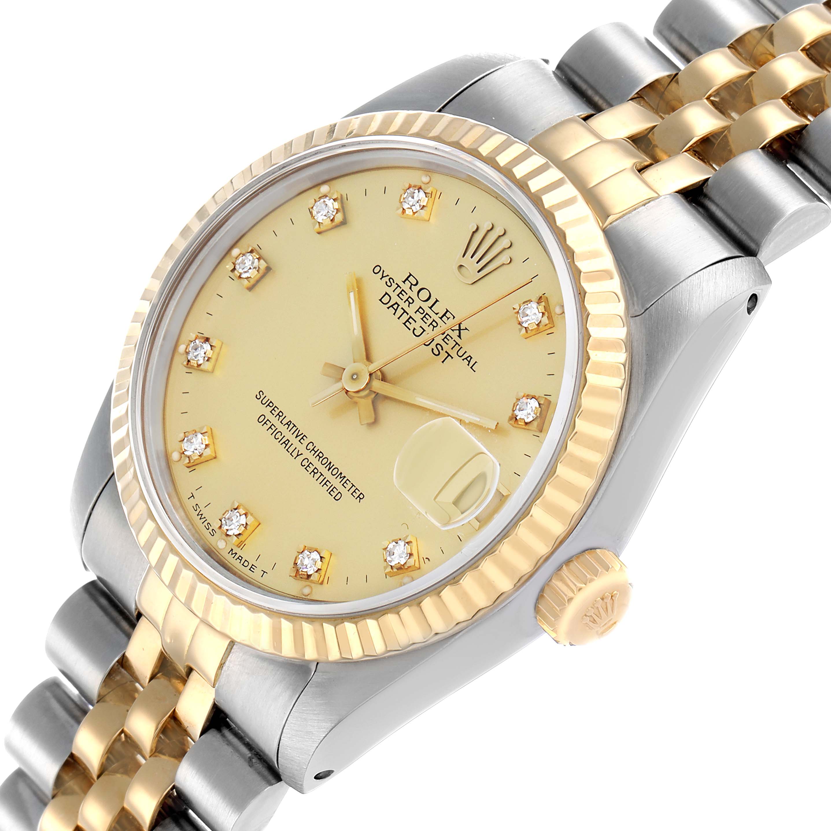 The Rolex Datejust 68273 Women's Stainless Steel Champagne Dial watch is shown at an angled top view, displaying the dial, bezel, crown, and part of the bracelet.