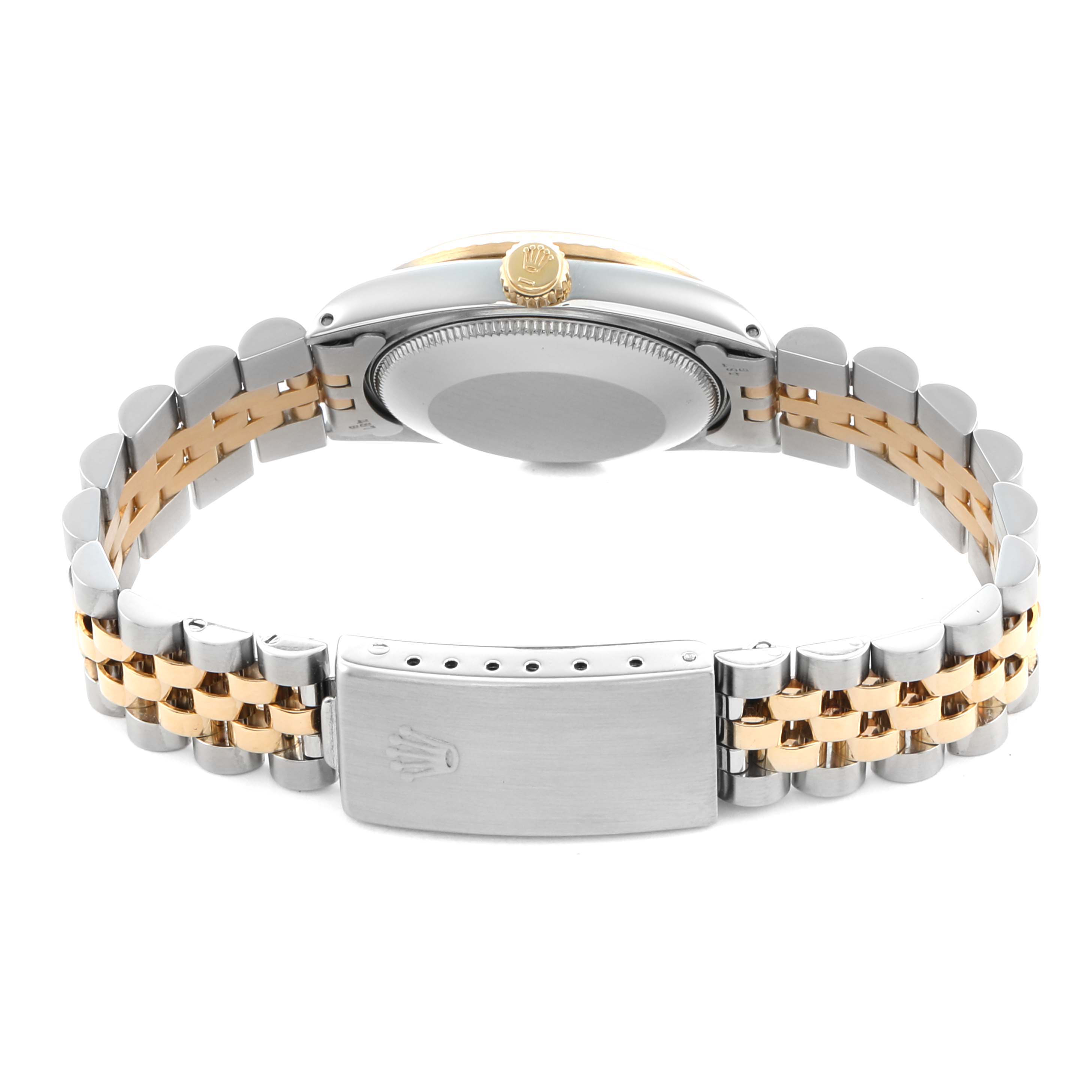 The image shows the back of the Rolex Datejust 68273 Women's Stainless Steel Champagne Dial watch, highlighting the clasp and bracelet from a side angle.