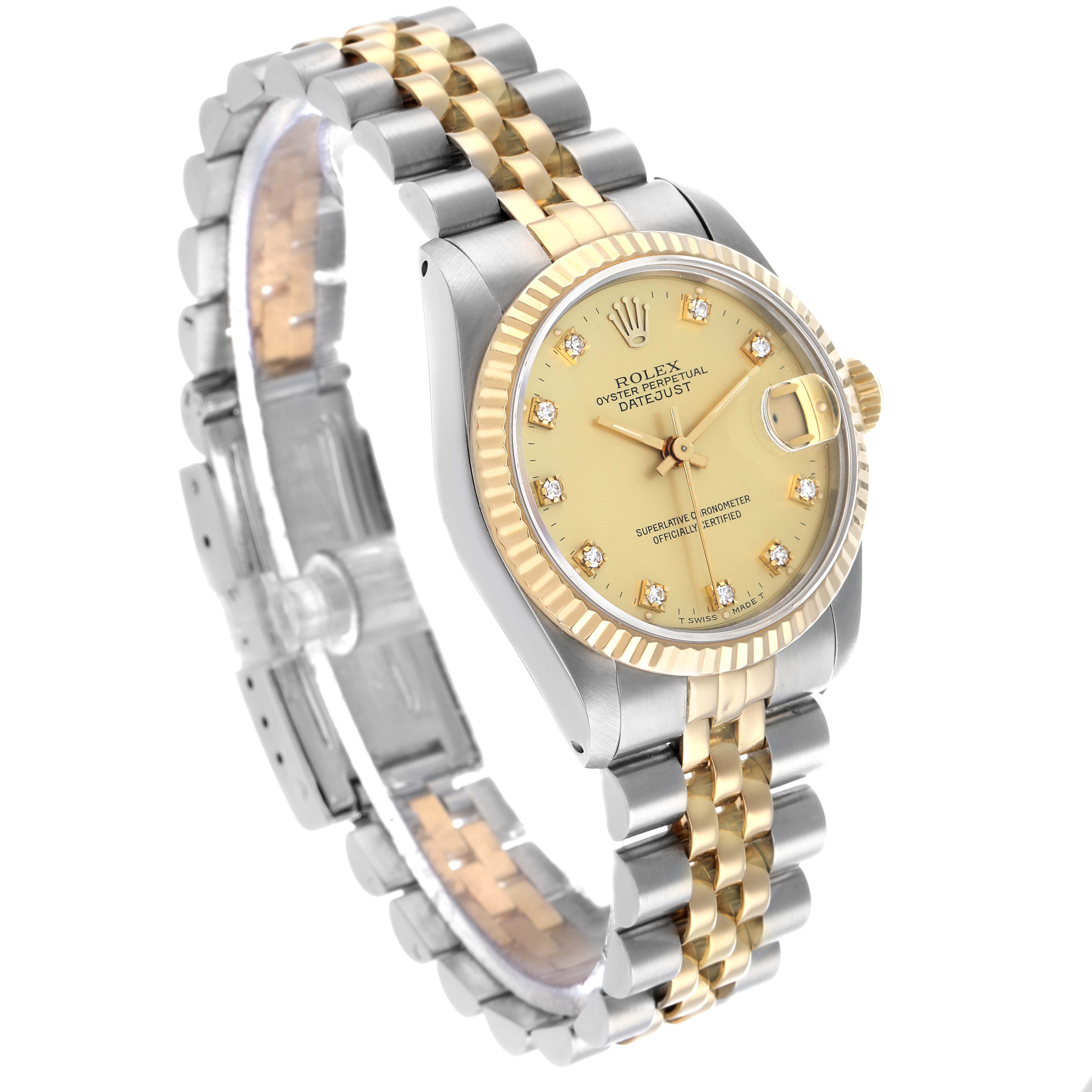 The Rolex Datejust 68273 Women's Stainless Steel Champagne Dial watch is shown at an angled view, displaying the face, bezel, crown, and two-tone Jubilee bracelet.