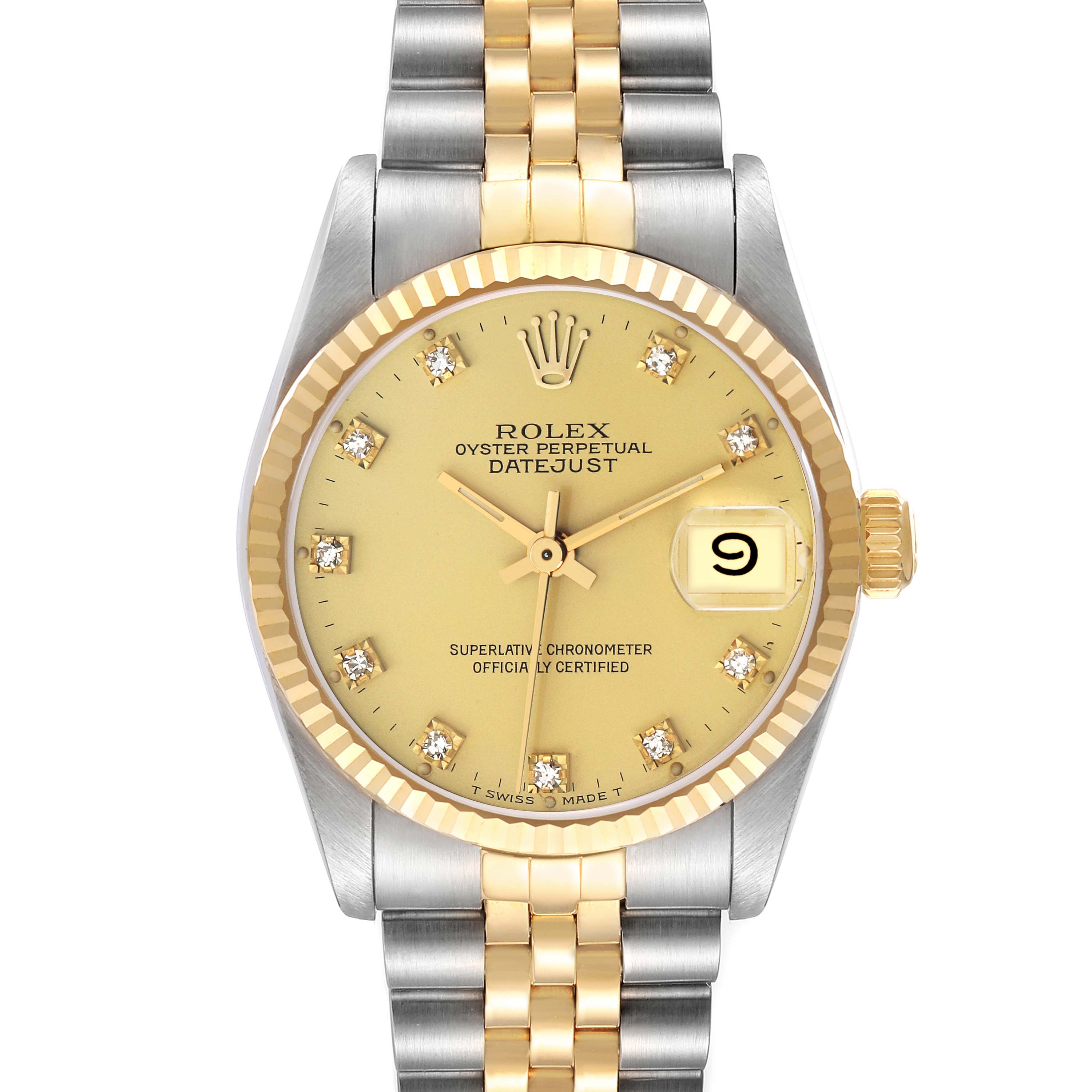This Rolex Datejust 68273 Women's Stainless Steel Champagne Dial watch is shown from the front, highlighting the gold dial, date window, and two-tone bracelet.