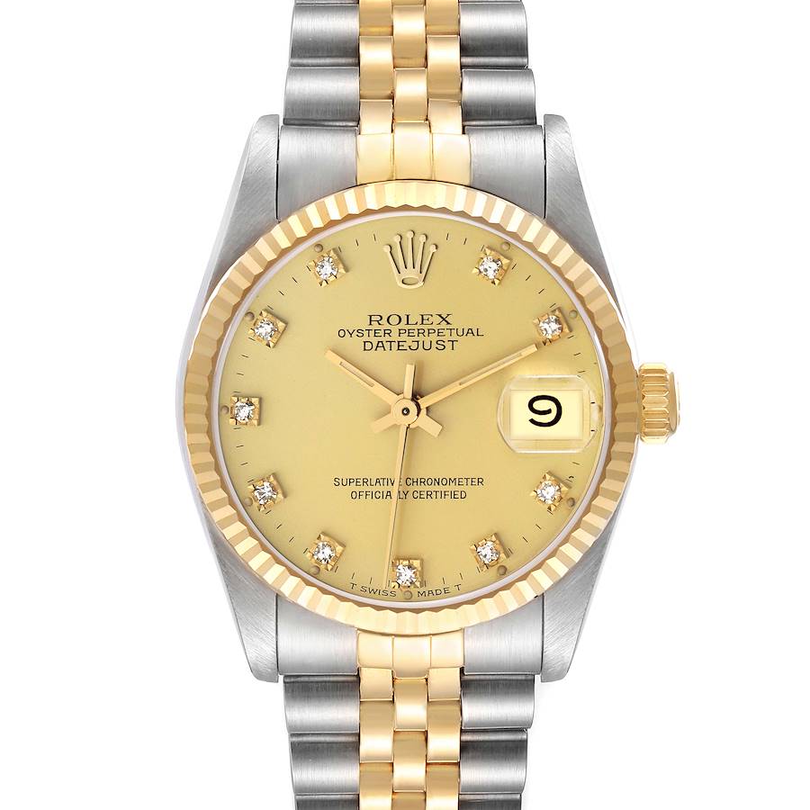 This Rolex Datejust 68273 Women's Stainless Steel Champagne Dial watch is shown from the front, highlighting the gold dial, date window, and two-tone bracelet.