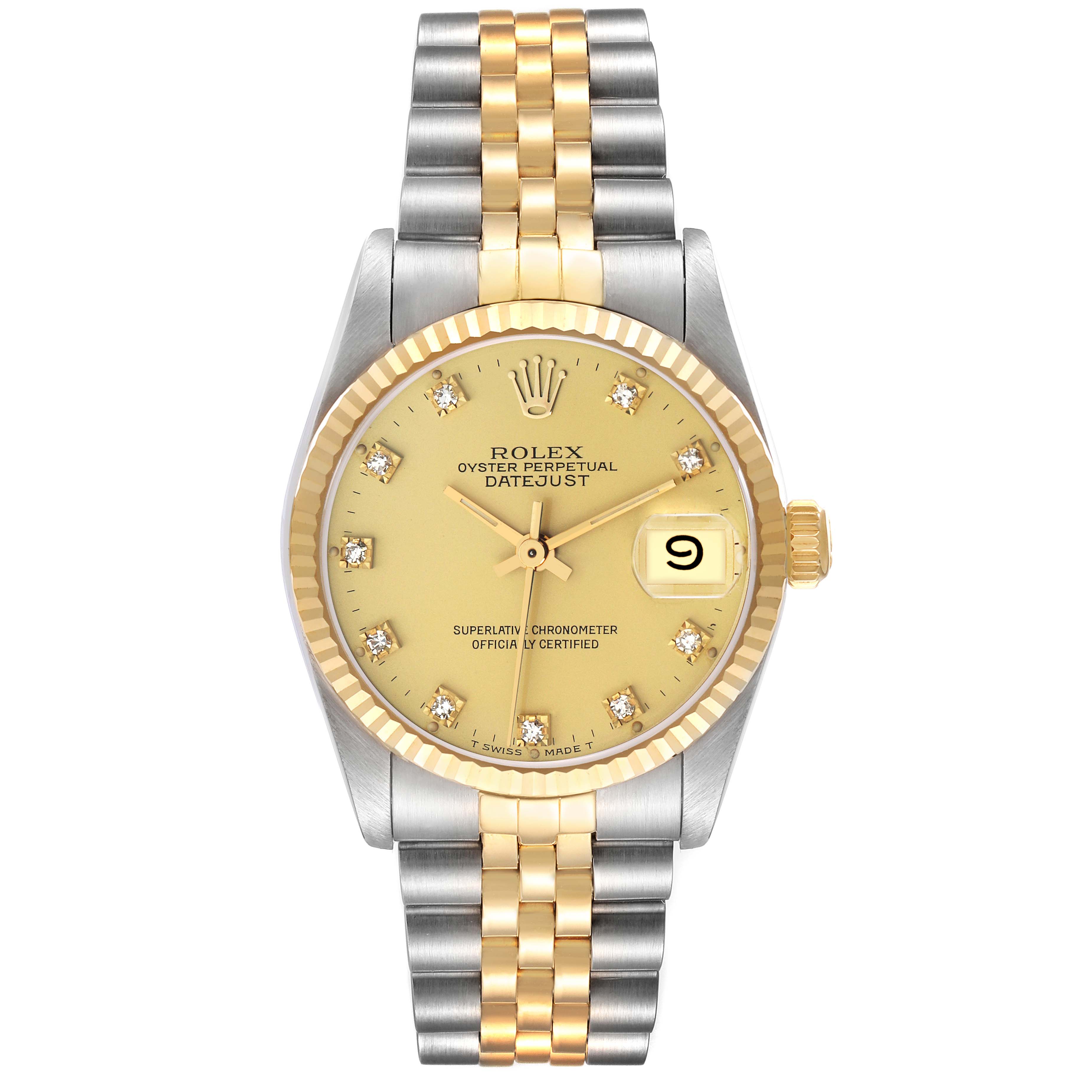 The Rolex Datejust 68273 Women's Stainless Steel Champagne Dial watch is shown from a straight-on angle, displaying the dial, bezel, crown, and bracelet.