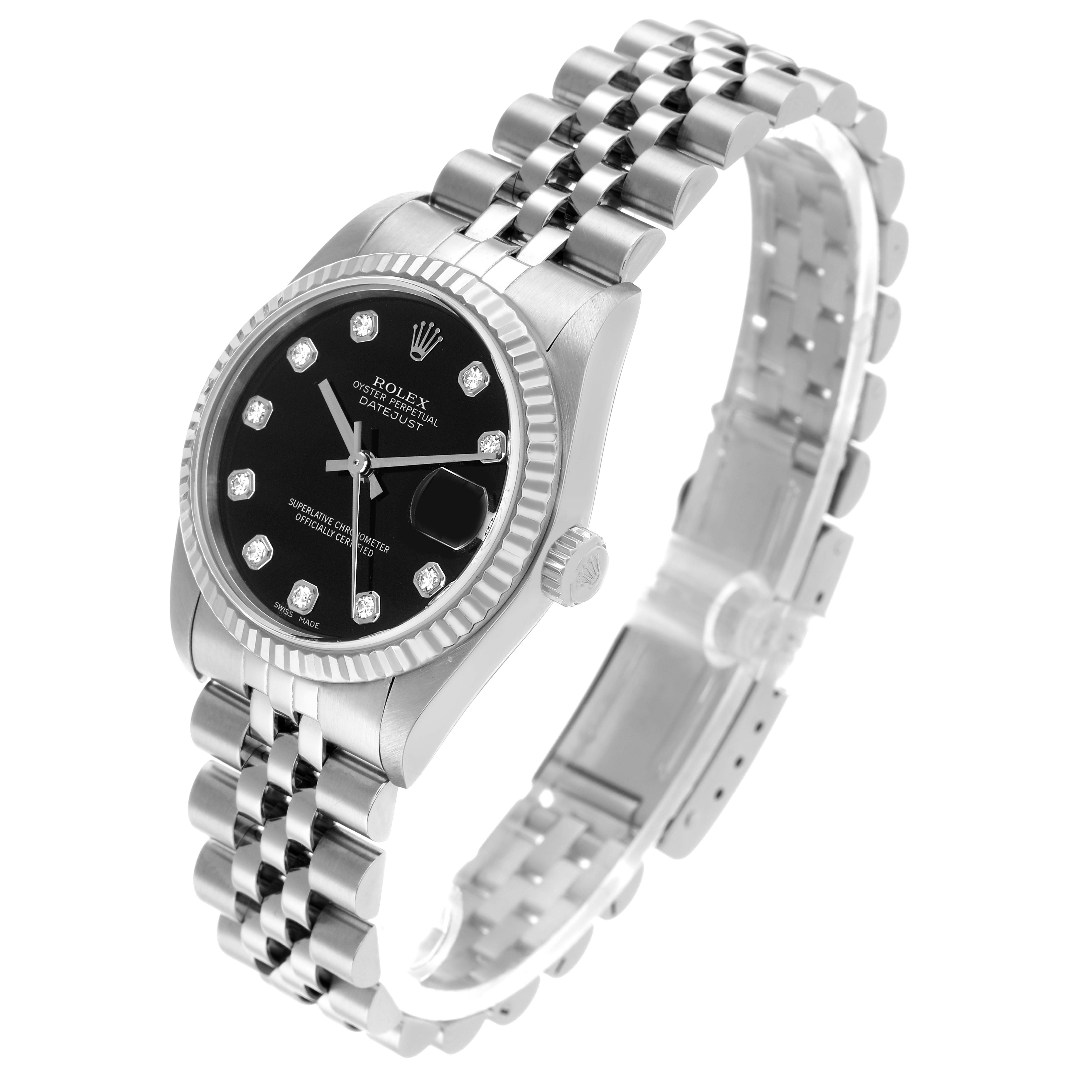 The Rolex Datejust 78274 Women's Stainless Steel Black Dial watch is shown at an angle highlighting the face, bezel, and Jubilee bracelet.
