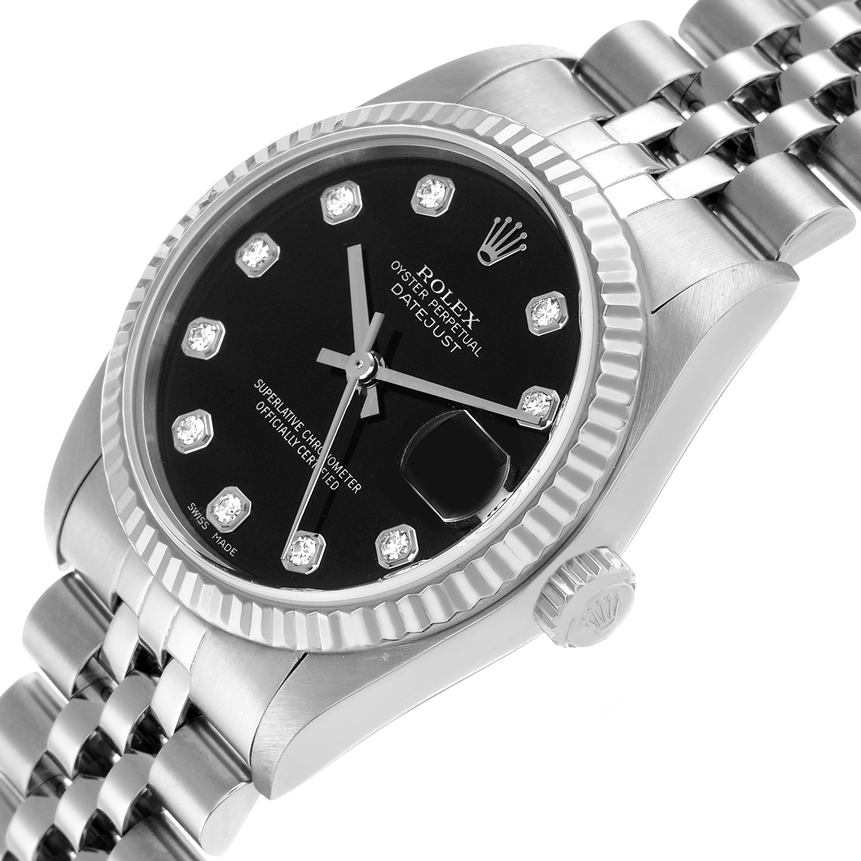 The Rolex Datejust 78274 Women's Stainless Steel Black Dial watch is shown at a slight angle, highlighting the bezel, dial, crown, and part of the bracelet.