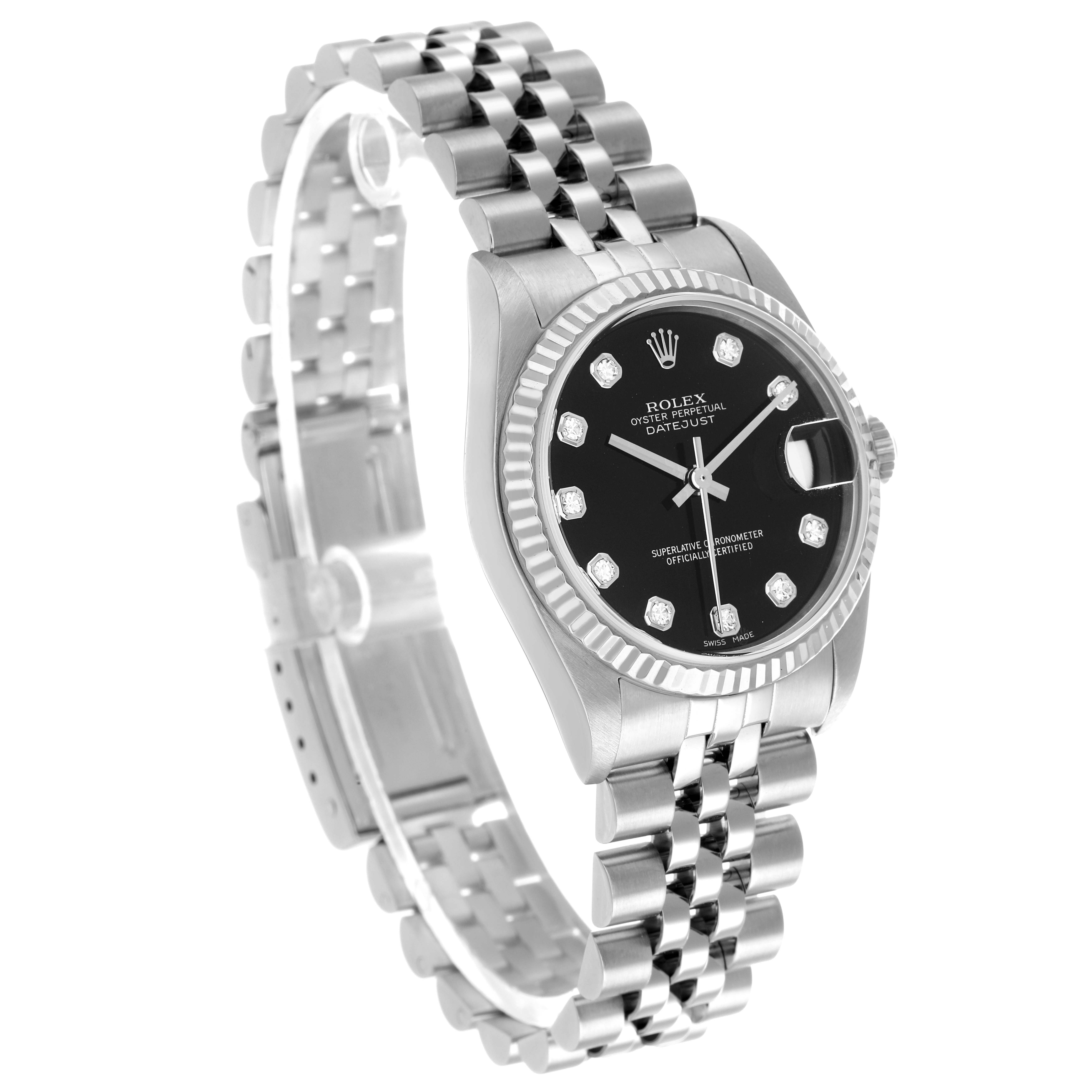 The Rolex Datejust 78274 Women's Stainless Steel Black Dial watch is shown at a tilted angle, highlighting the face, bezel, and Jubilee bracelet.