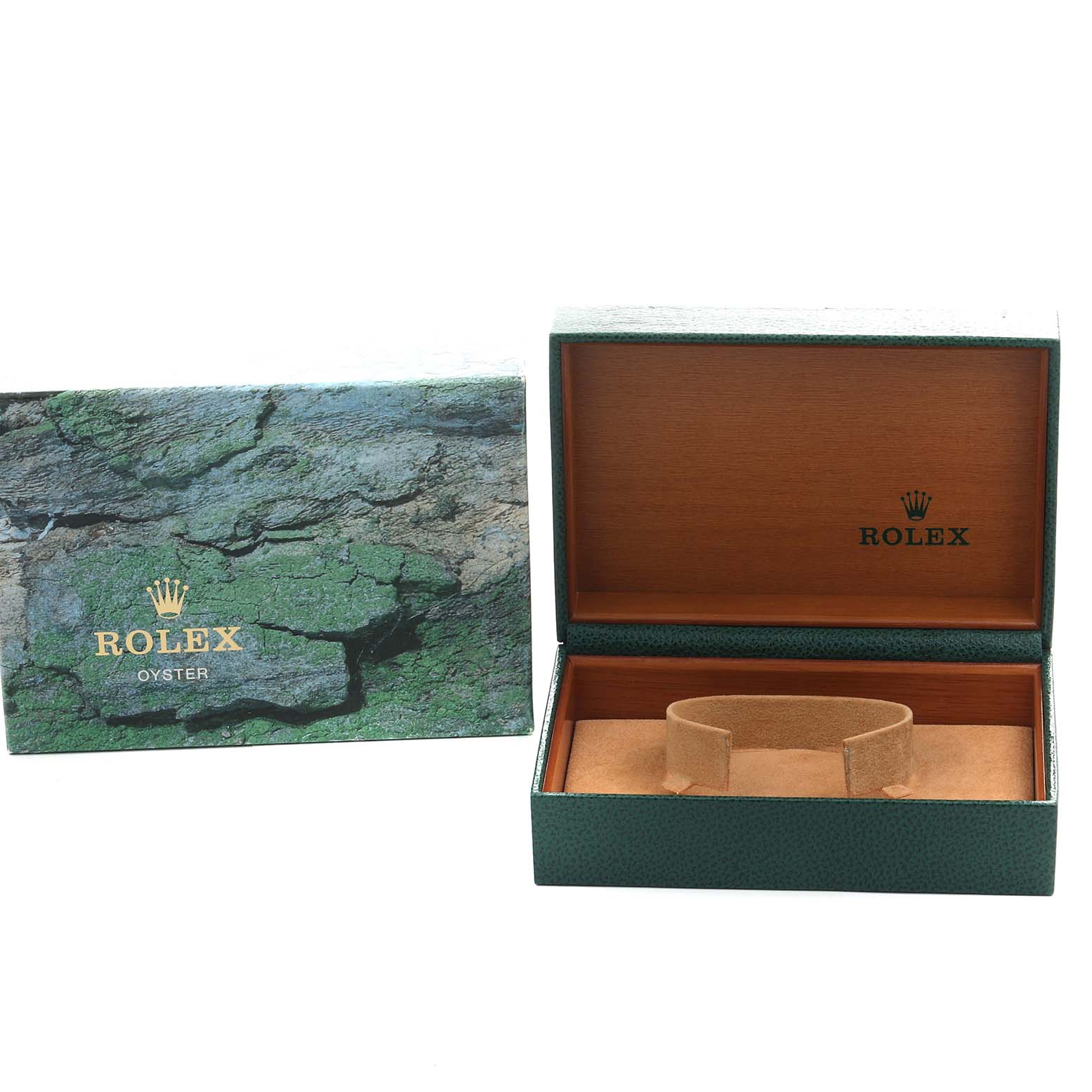 The image features an open and closed Rolex Datejust 78274 Women's Stainless Steel Black Dial box, viewed from the front, displaying the interior lining and logo.