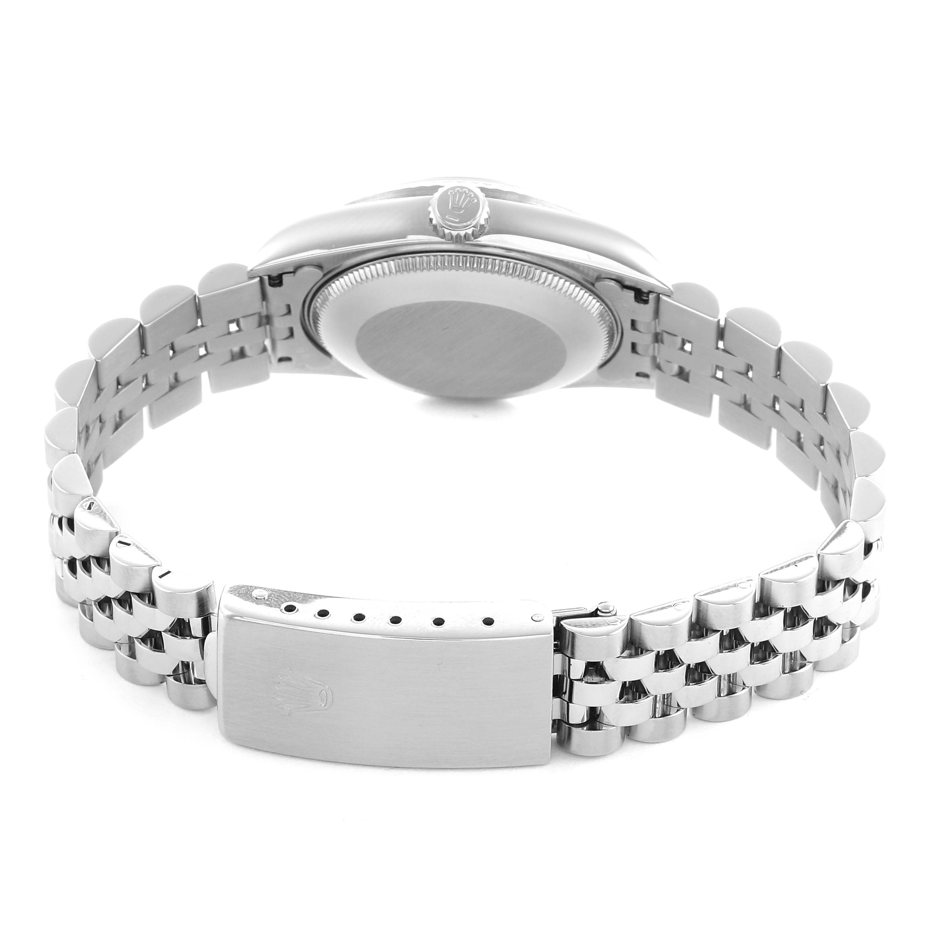 The image shows the back of a Rolex Datejust 78274 Women's Stainless Steel Black Dial watch, highlighting its case back, crown, and Jubilee bracelet.