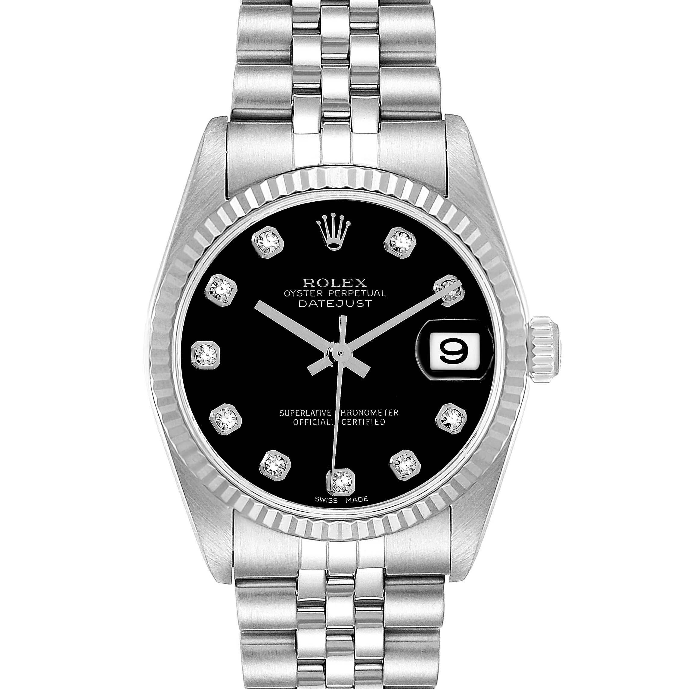 The Rolex Datejust 78274 Women's Stainless Steel Black Dial watch is shown from a top-down angle, displaying the face, bezel, crown, and bracelet.