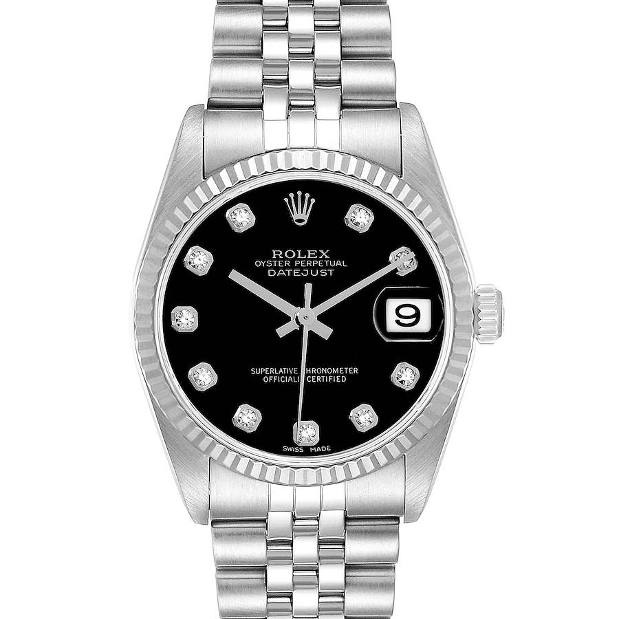 The Rolex Datejust 78274 Women's Stainless Steel Black Dial watch is shown from a top-down angle, displaying the face, bezel, crown, and bracelet.