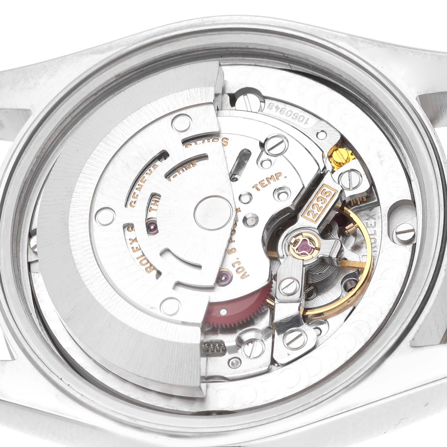 The image shows the movement mechanism of a Rolex Datejust 78274 Women's Stainless Steel Black Dial watch from a top-down angle.
